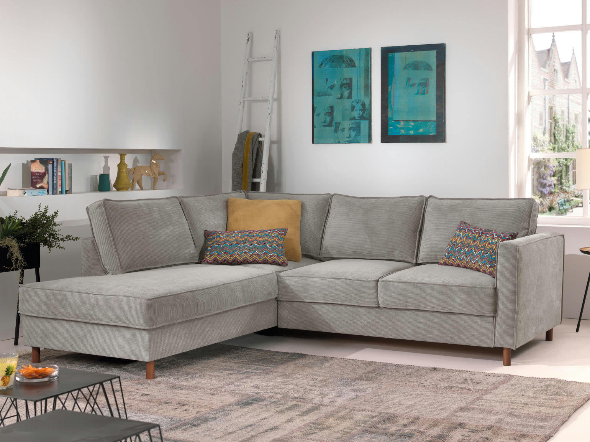 JAKE - Canapé d'angle gauche convertible 5 places en velours côtelé gris