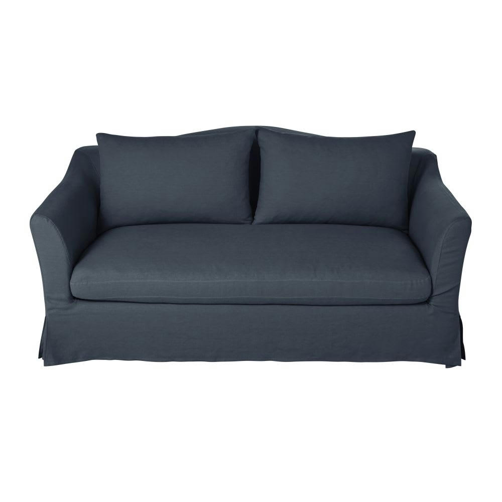 Anaelle - Canapé convertible 2 places en lin bleu nuit