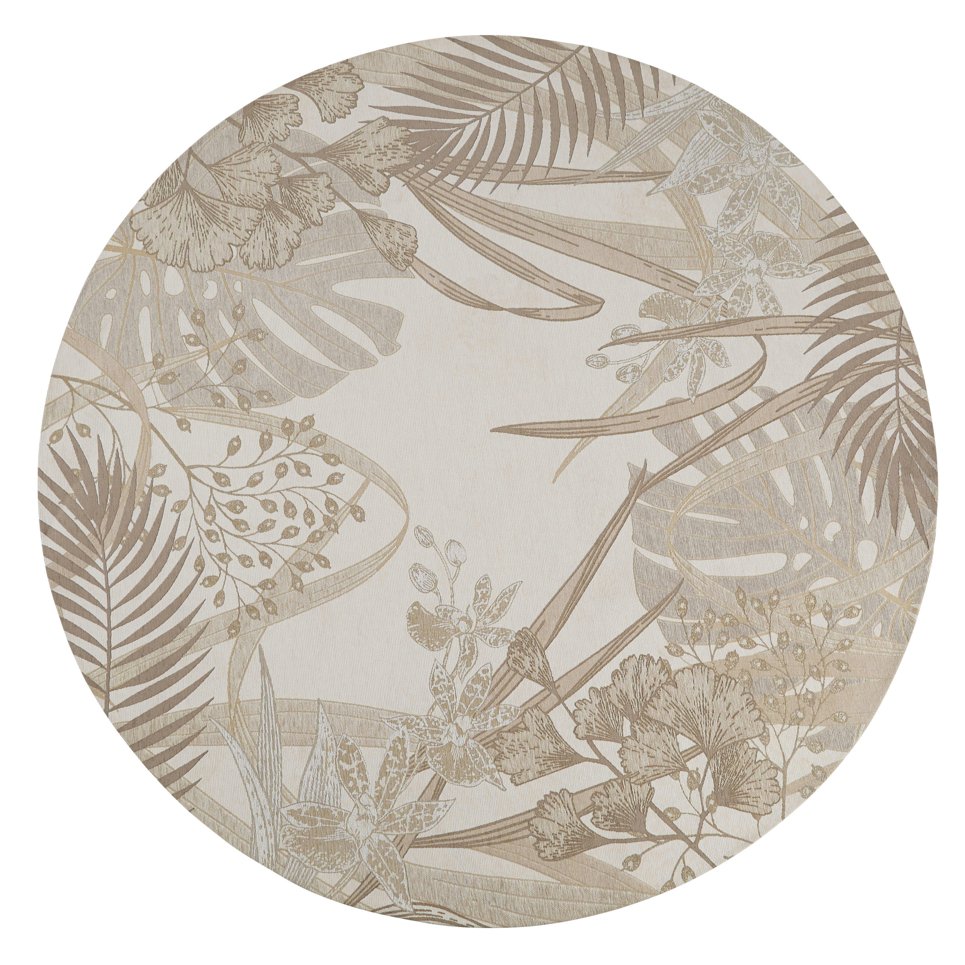 KALINDA - Tapis rond tissé jacquard motif feuillage beige D200