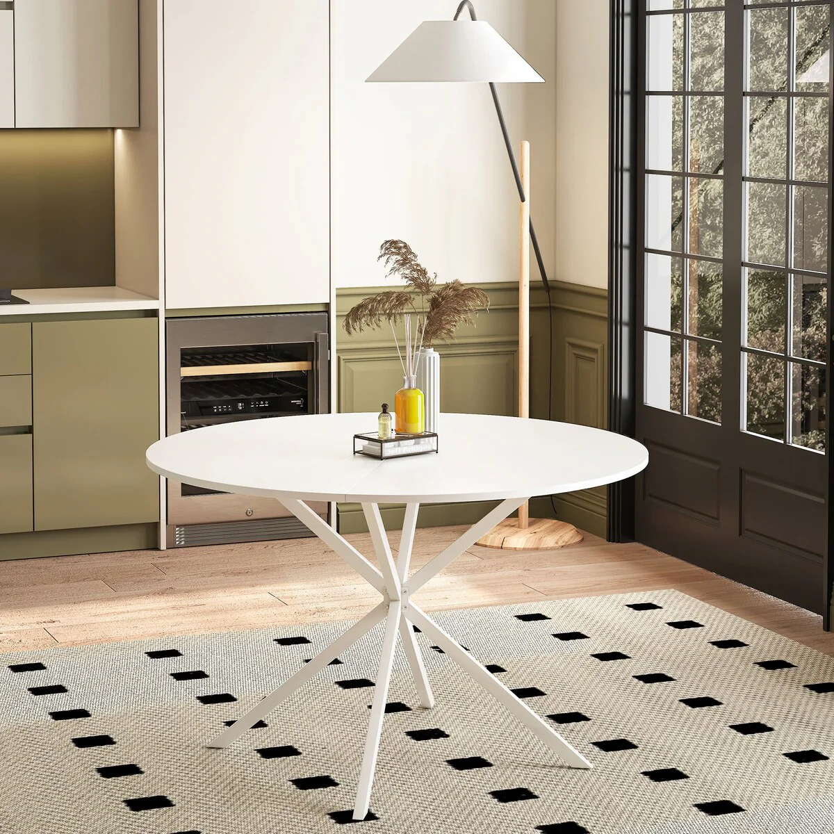 47.24'' Modern Cross Leg Round Dining Table, White Marble Top Occasional Table, Two Piece Removable Top, Matte Finish Iron Legs
