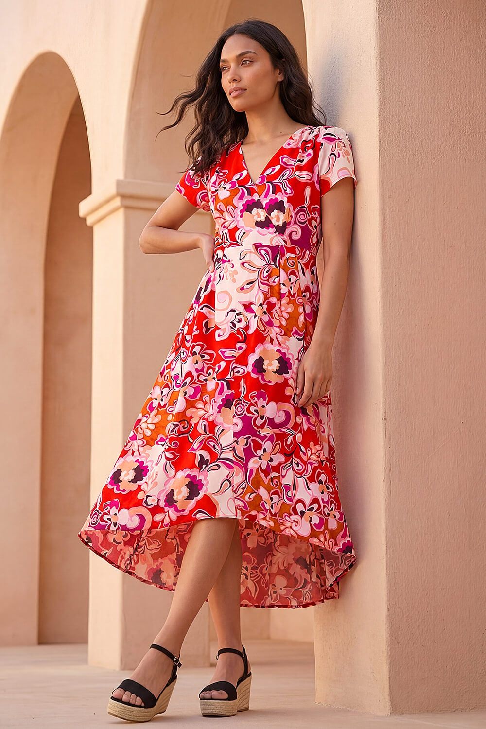Roman Abstract Print Belted Midi Dress