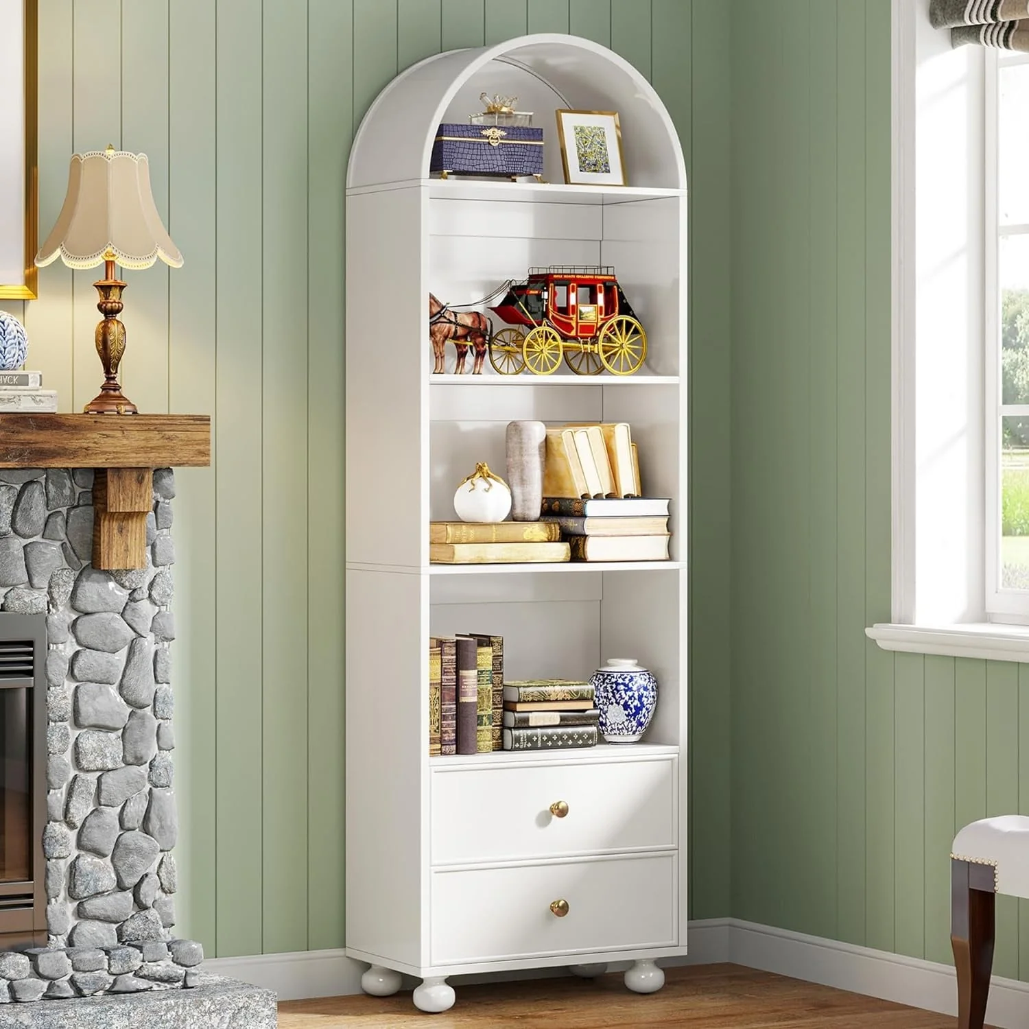 74.8 Tall Bookcase, White Arched Bookshelf with 2 Drawers and 4 Shelves