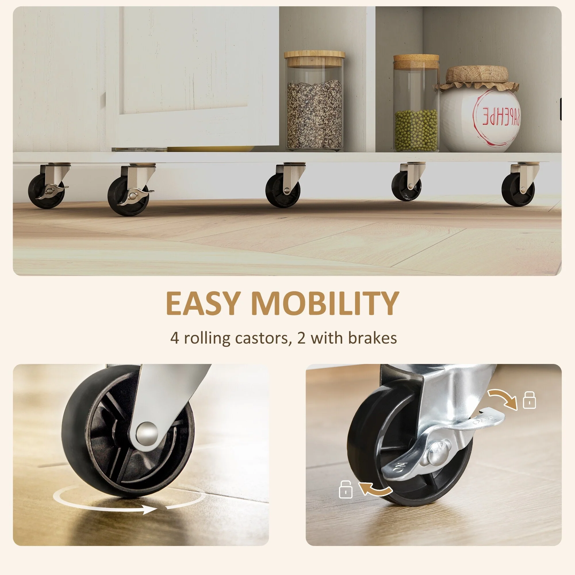 Rolling Kitchen Island Cart on Wheels with Drawer, 2 Cabinets, Rubberwood Top, Spice Rack, Towel Racks and 2 Hooks