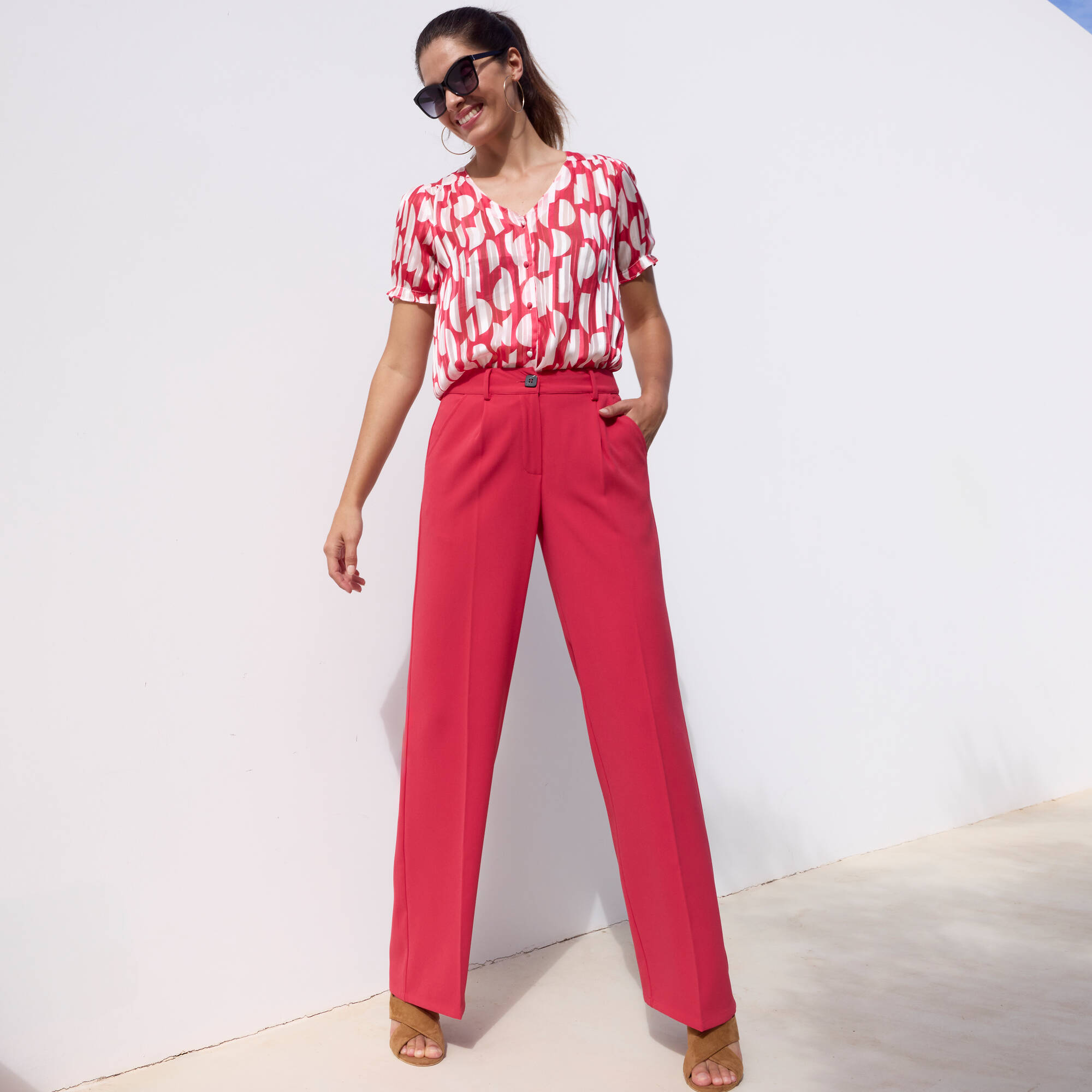 Chemisier manches blousantes imprimé bicolore, voile jacquard