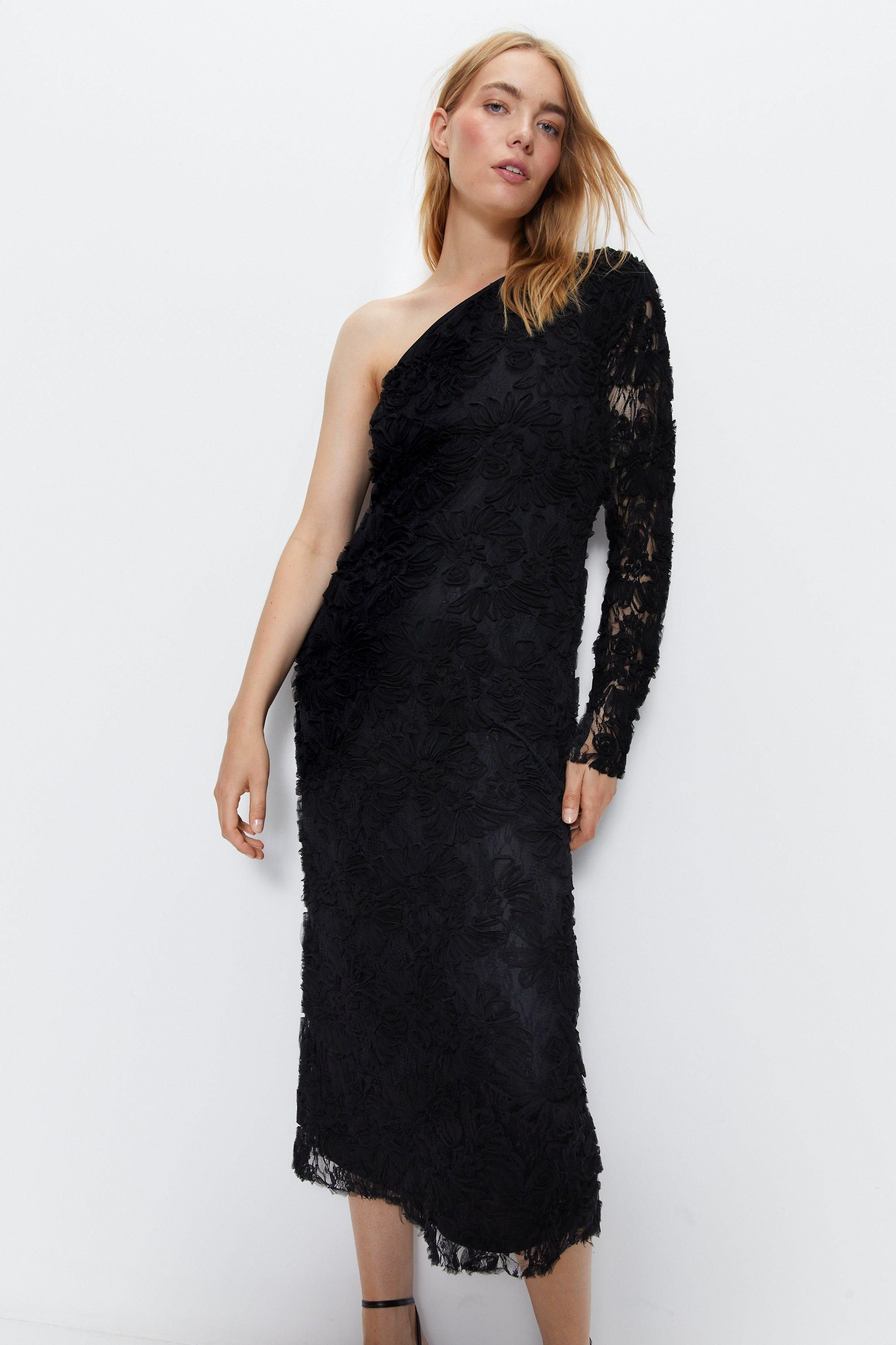 Warehouse One Shoulder Flower Embroidered Midi