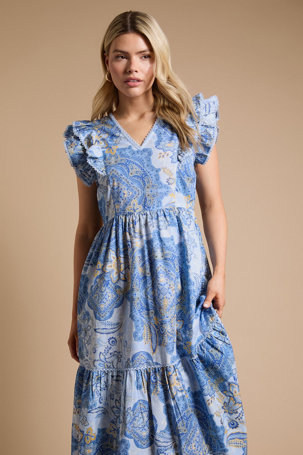 Dorothy Perkins Blue Paisley Lace Trim V Neck Printed Poplin Midi Dress