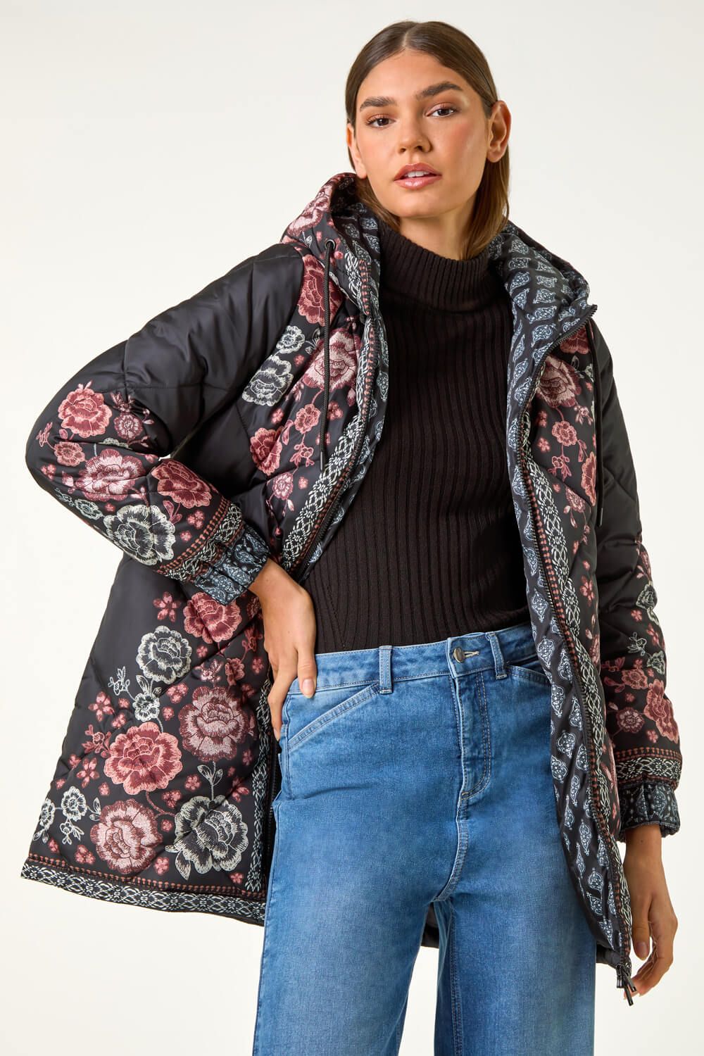 Roman Floral Print Quilted Hooded Coat