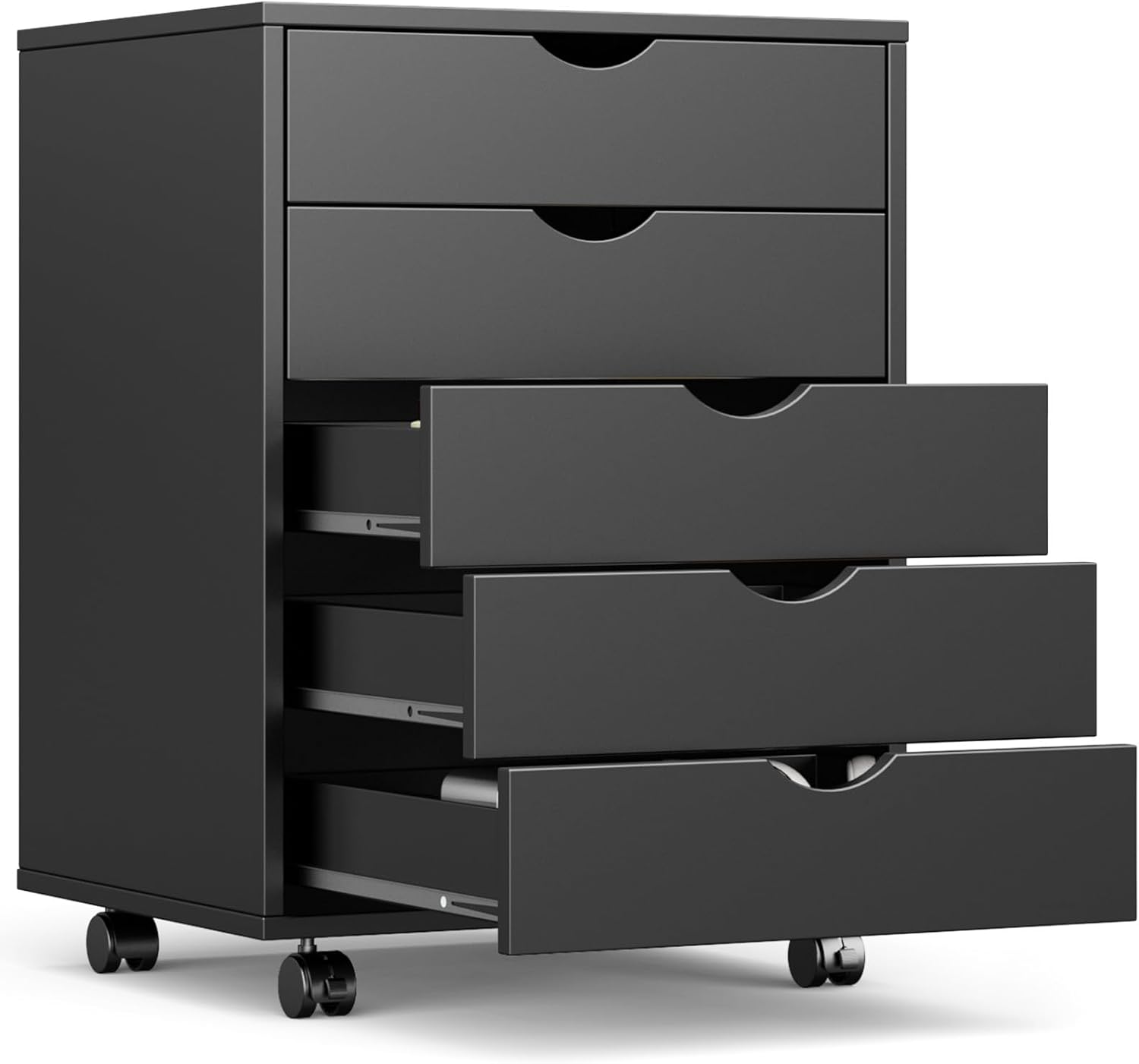 OLIXIS 5 Drawer Mobile File Cabinet Under Desk Storage Organization with Wheels Vertical Filing Chest Rolling Wood Small Desk Printer Stand for Home Office, 15.75D x 18.74W x 25.39H, Black