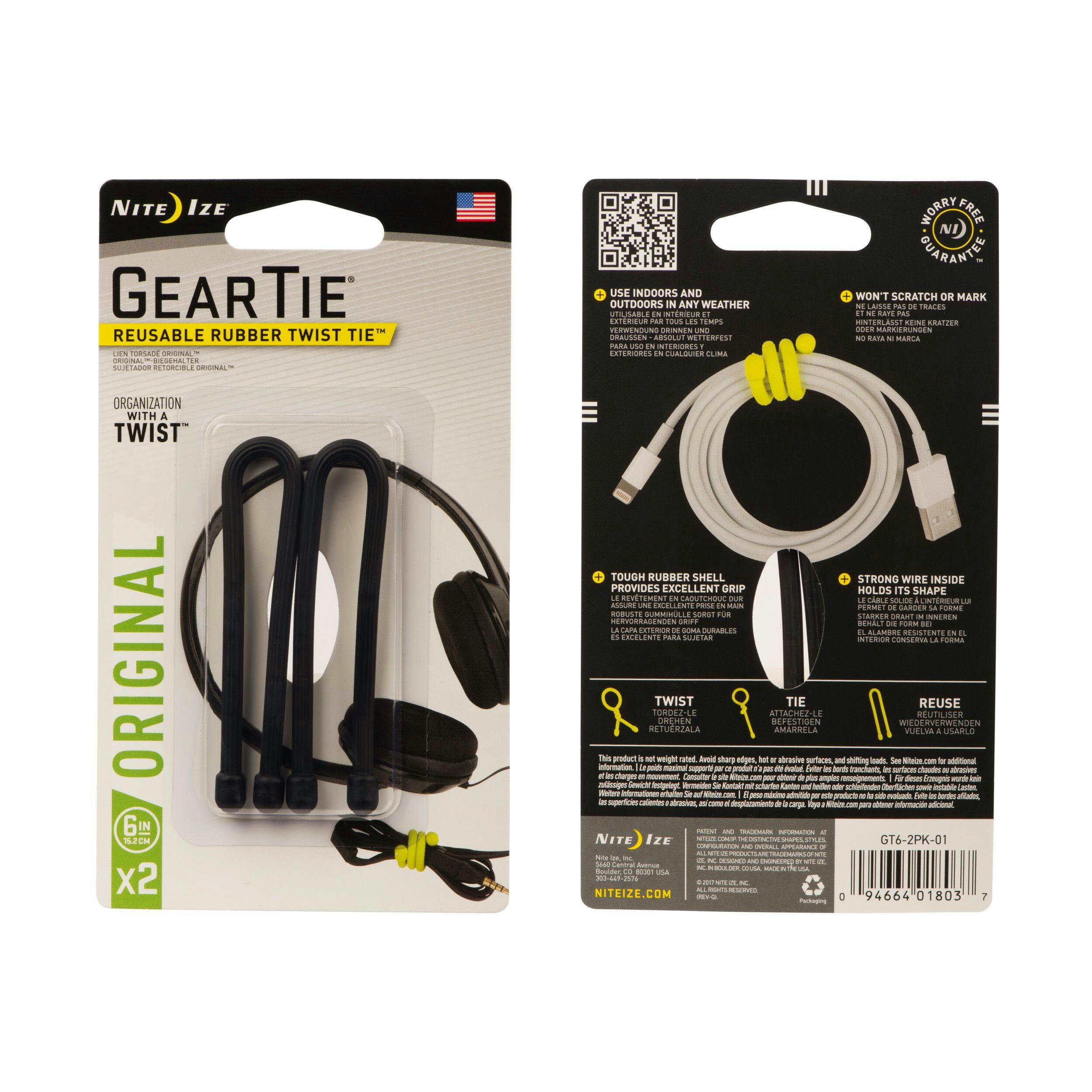 Nite Ize Gear Tie Reusable Rubber Twist Ties, Multi-Purpose Use & Cord/Cable Management, 6-in, 2-pk