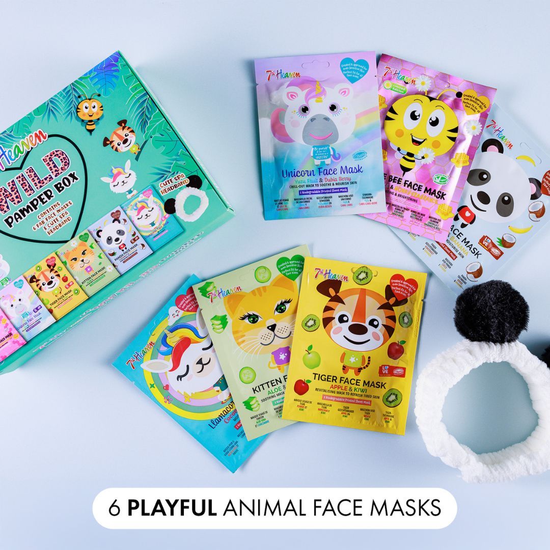 7th Heaven Go Wild Animal Pamper Box - 6 Animal Sheet Masks & Panda Headband