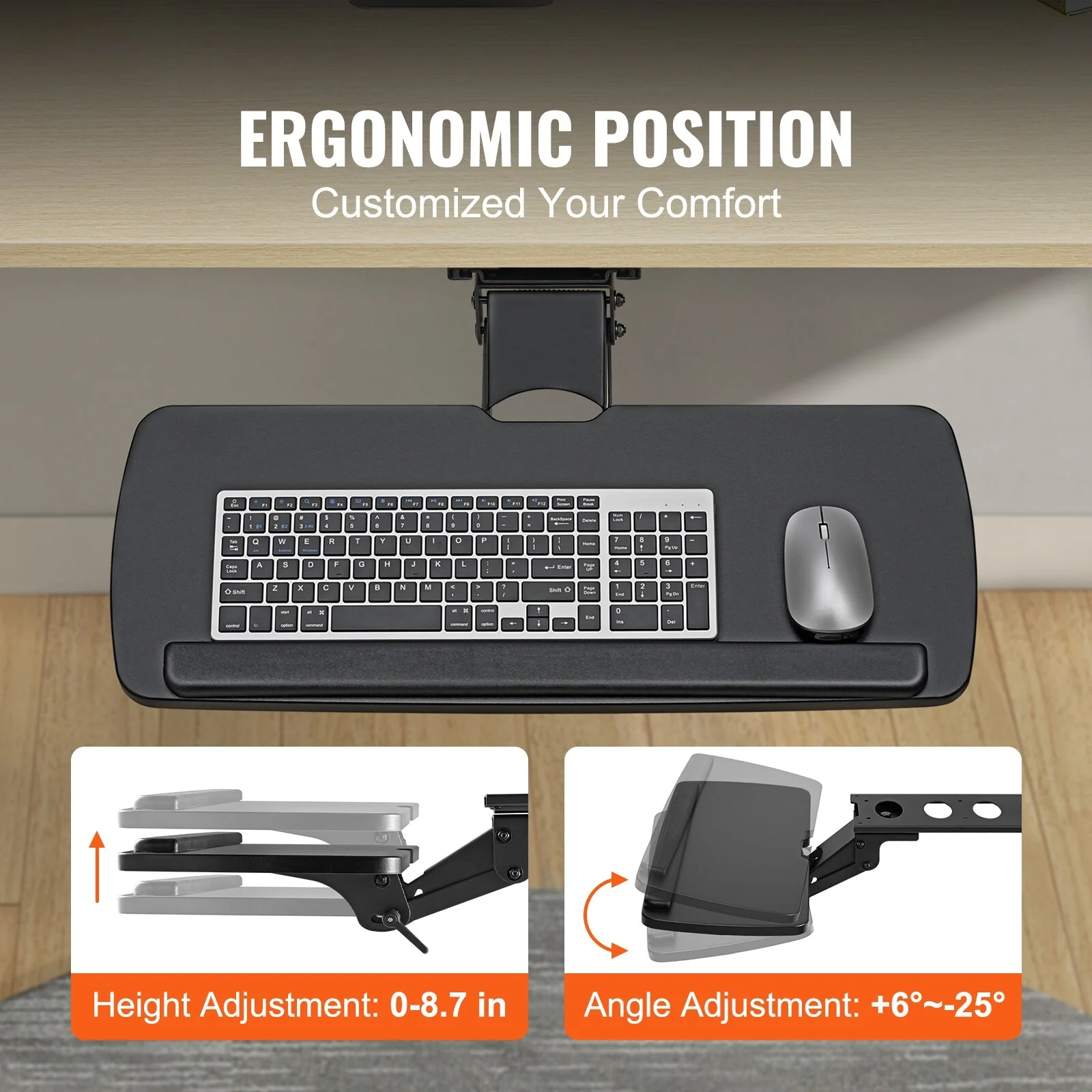 UIMOSO Keyboard Tray under Desk Adjustable Height, Height and Angle Adjustable under Desk Keyboard Tray Slide out
