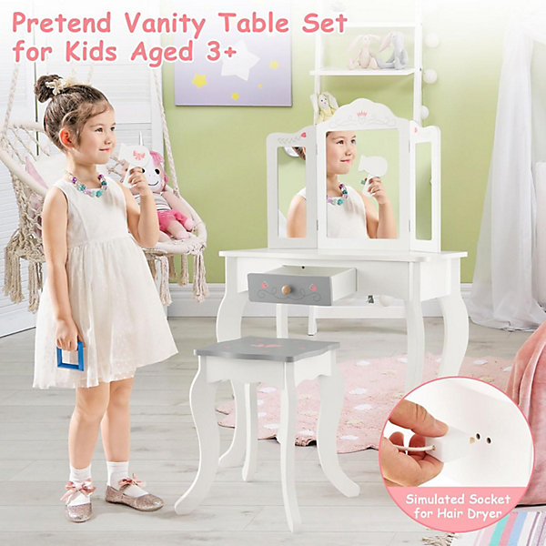 Coiffeuse Enfant , avec 3 Miroir Amovibl et Tabouret,2 en 1 pour Enfant 3  Ans,en Bois avec Tiroir, 10 Accessoires, Blanc