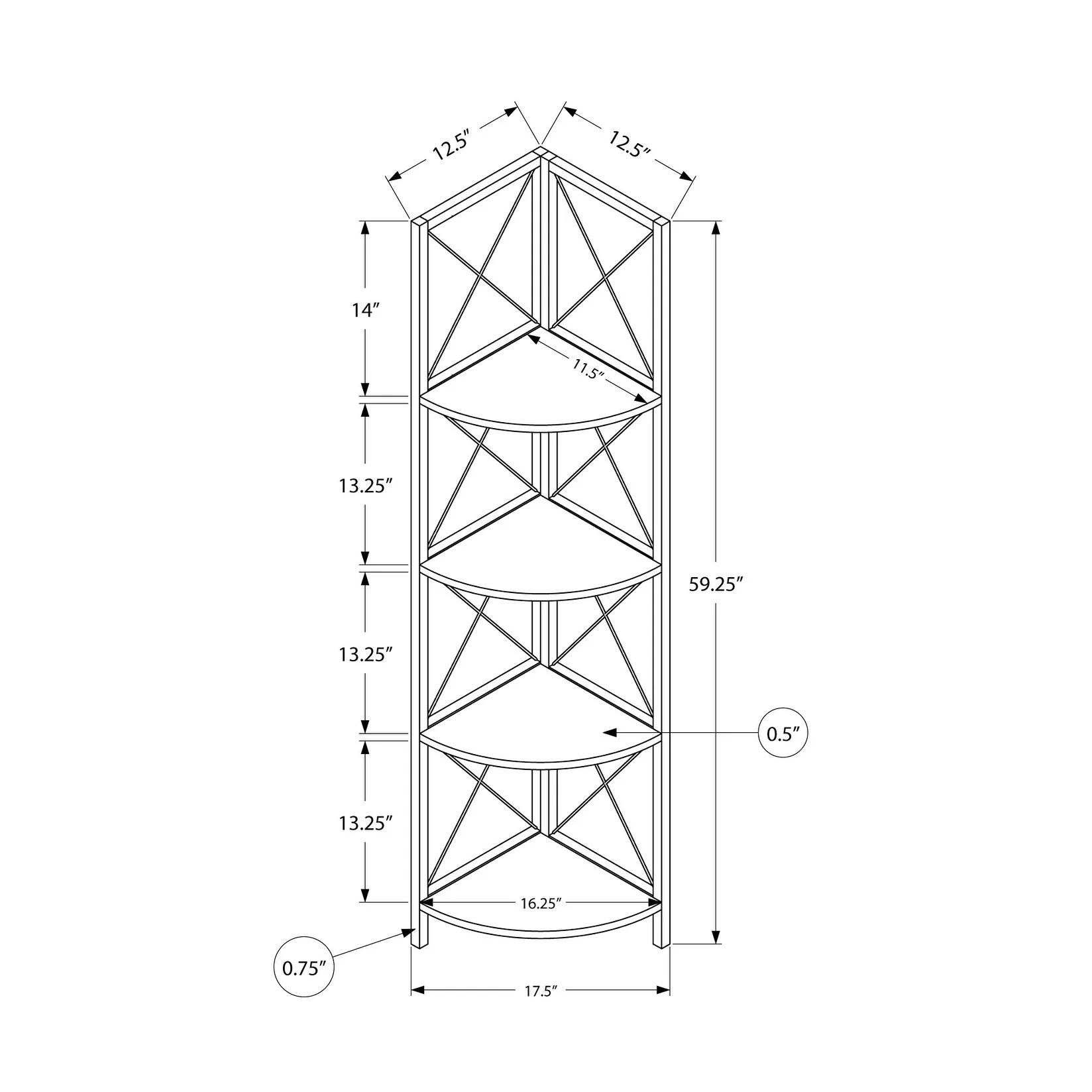Bookshelf, Bookcase, Etagere, Corner, 4 Tier, 60h, Office, Bedroom, Laminate, Metal, Contemporary, Modern