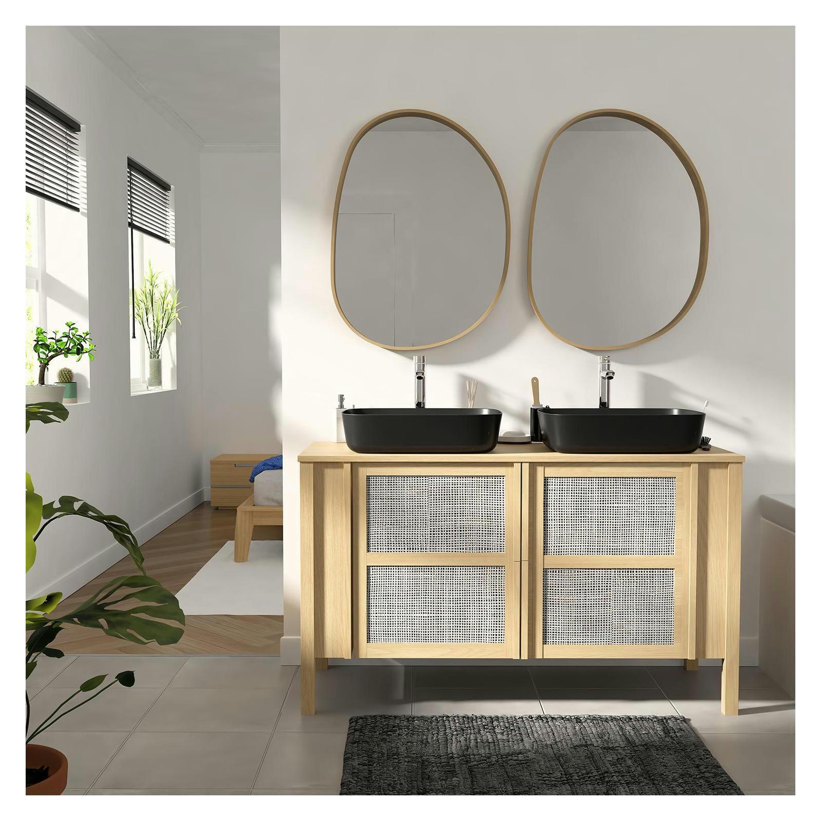 NESTO - Meuble double vasque 130cm chêne  cannage + vasque + robinet + miroir