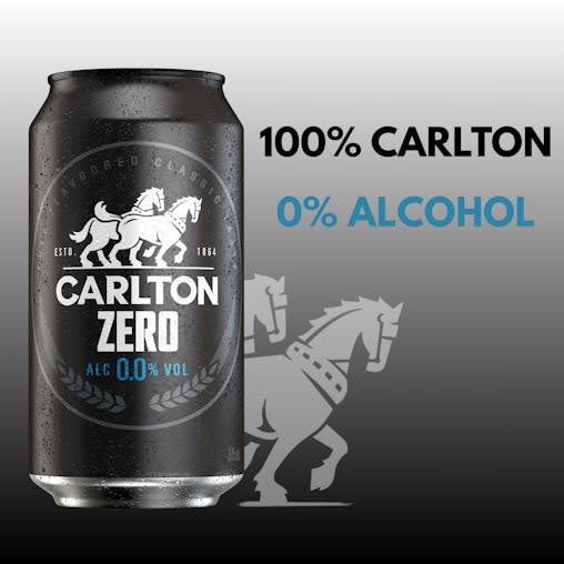 Carlton Zero, Non-Alcoholic Beer, Crisp & Clean Finish, 0% ABV, 375mL (Case of 24 Cans)