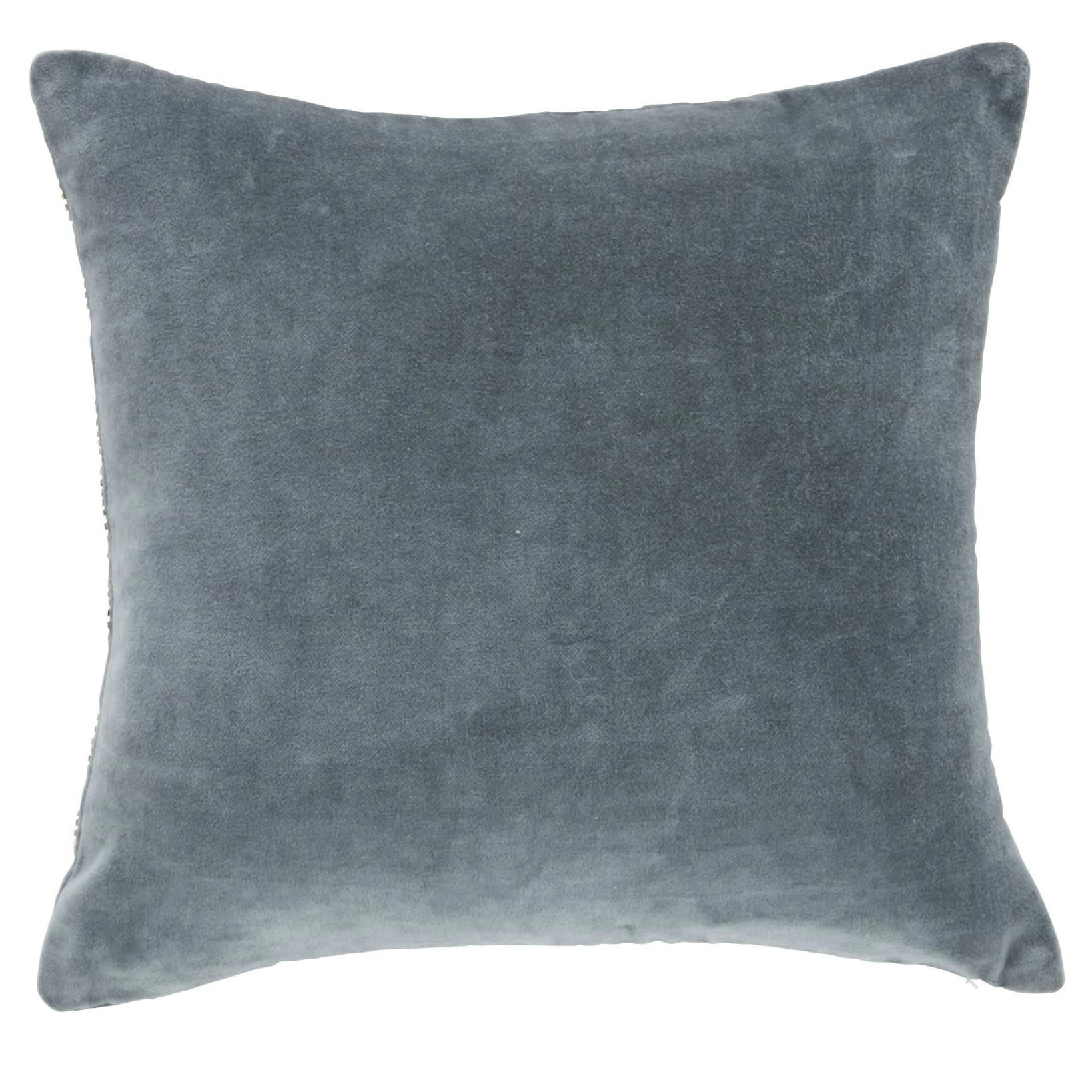 ALYS - Coussin en velours de coton à motif bleu gris et doré avec perles 35x35