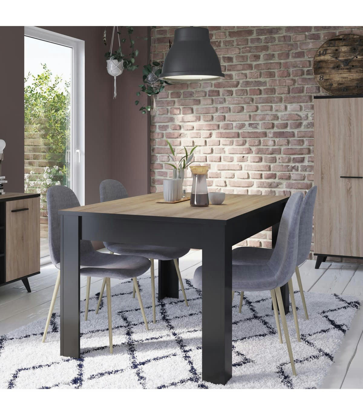 WAYNE - Table à Manger pour 4/6 Personnes L140x90 cm - Décor chêne et noir
