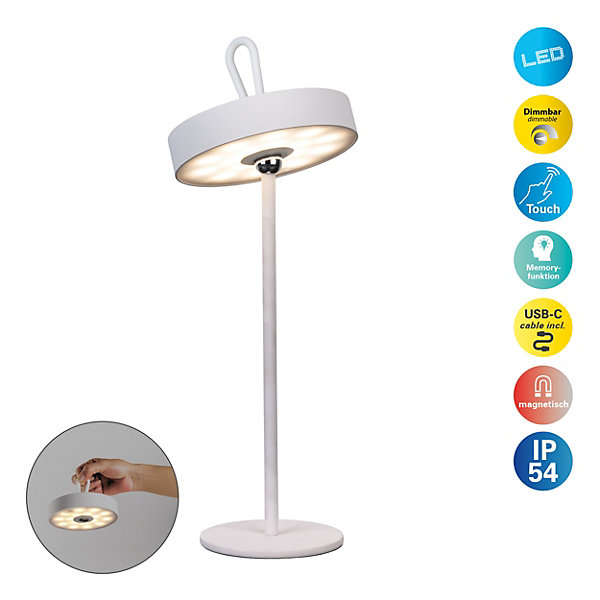 Lampe de table LED rechargeable magnétique 'ELLA' pour l'extérieur et l'intérieur, en métal et plastique blanc , hauteur 35 cm