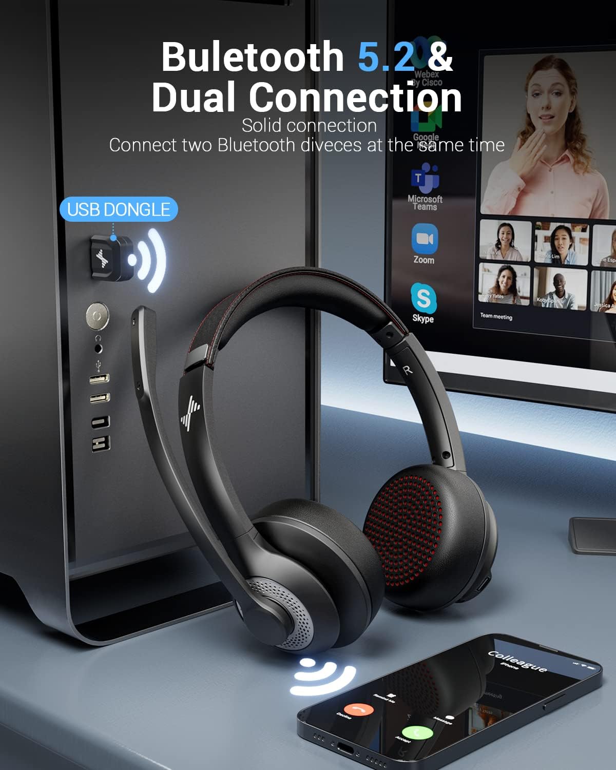 JIAMQISHI Wireless Headset with Mic for Work, Bluetooth V5.2 Headphones with AI Noise Cancelling Microphone, USB Dongle, Clear Calls & Mic Mute, for Laptop, PC, iPhone & Android Phones