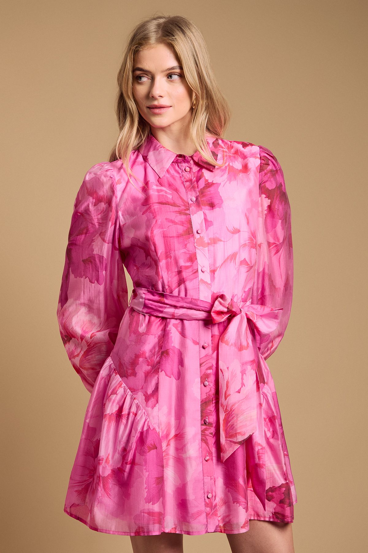 Oasis Belt Detail Volume Sleeve Shirt Dress