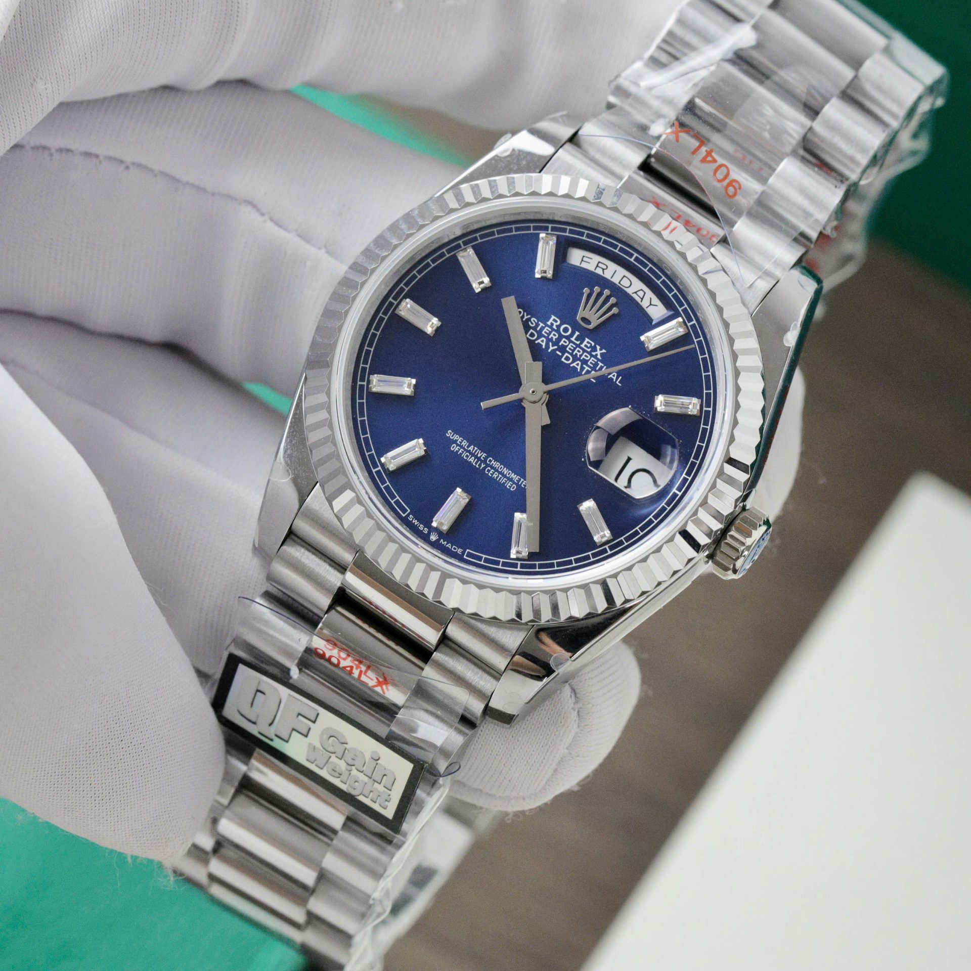 Rolex Day-Date 128236 904L Steel Blue Dial CZ Diamonds 36mm Super Clone