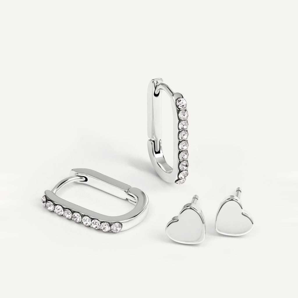 Alba Place - Silver Stone Set Huggie Hoops And Heart Stud Twinpack