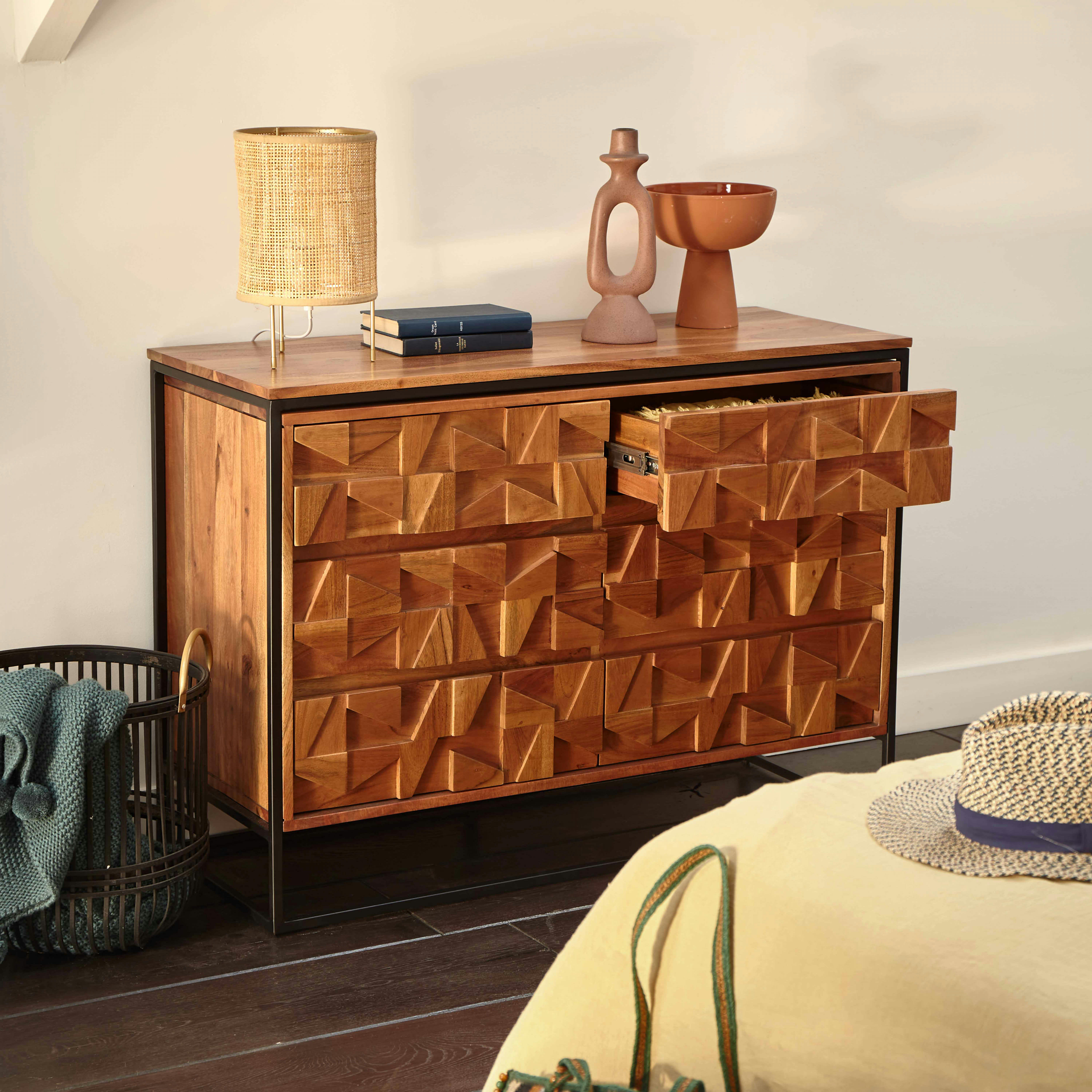 LETELS - Commode double avec 6 tiroirs en acacia massif