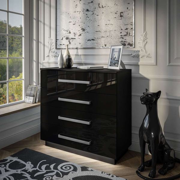 Komoda LINA 95 z metalowymi uchwytami czarny połysk LED