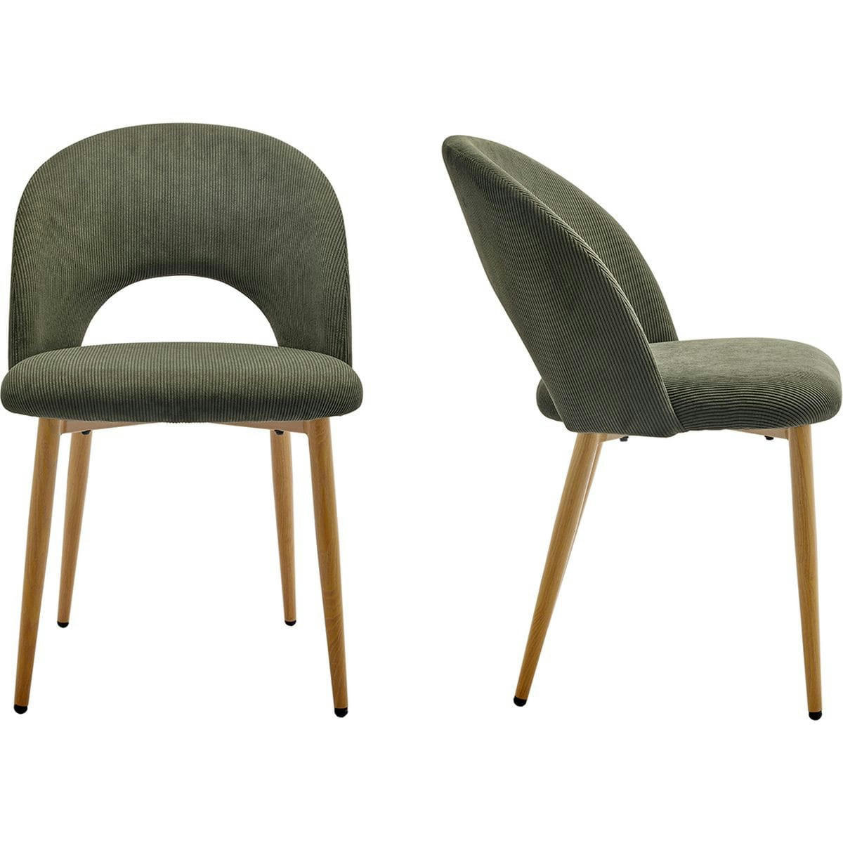MOSS - Lot de 2 chaises de salon en velours côtelé vert, piètement effet bois