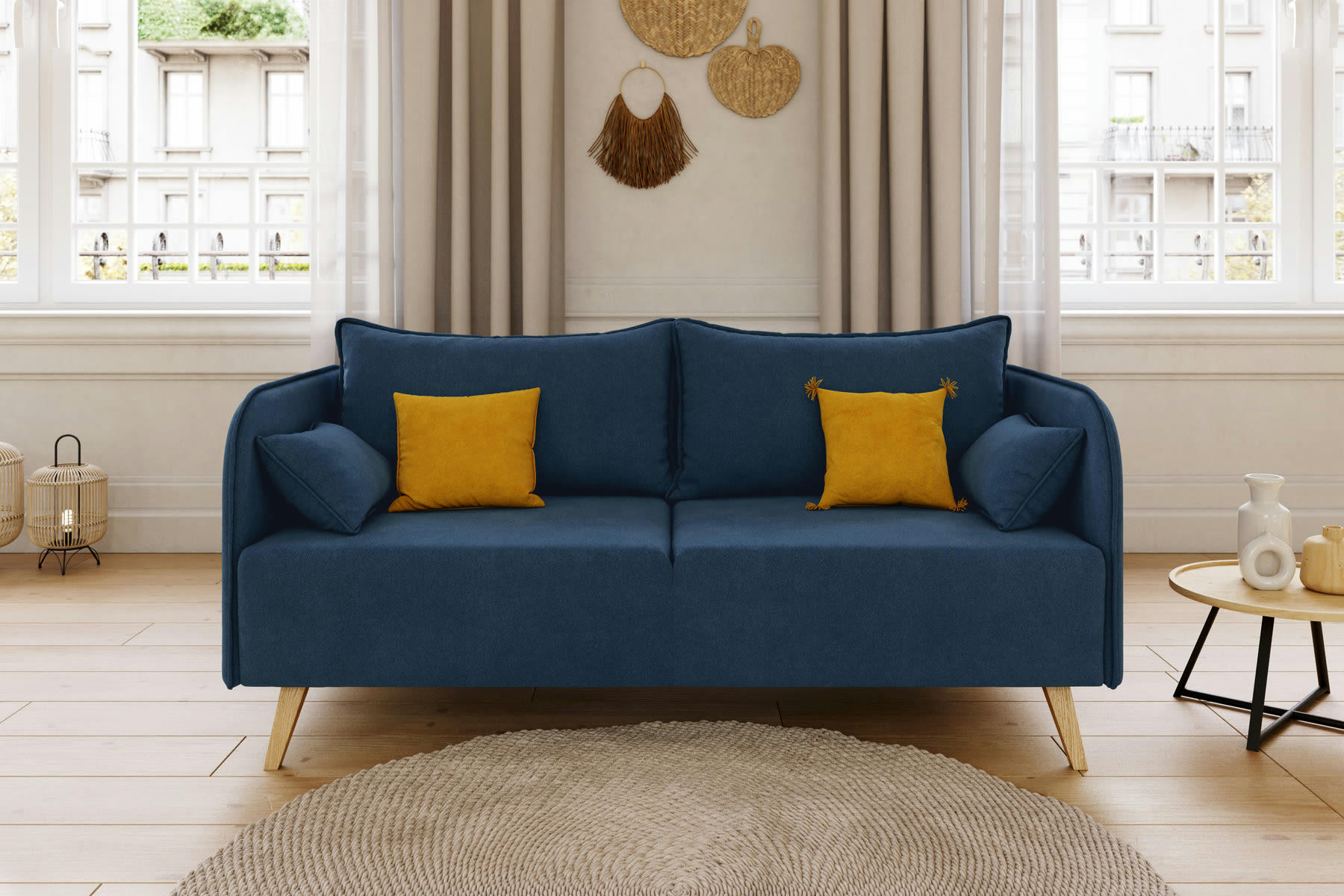 SARAH - Canapé droit en tissu 3 places bleu