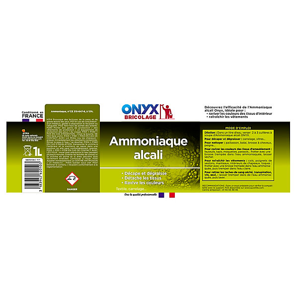 Ammoniaque alcali 13° Onyx bricolage 1L
