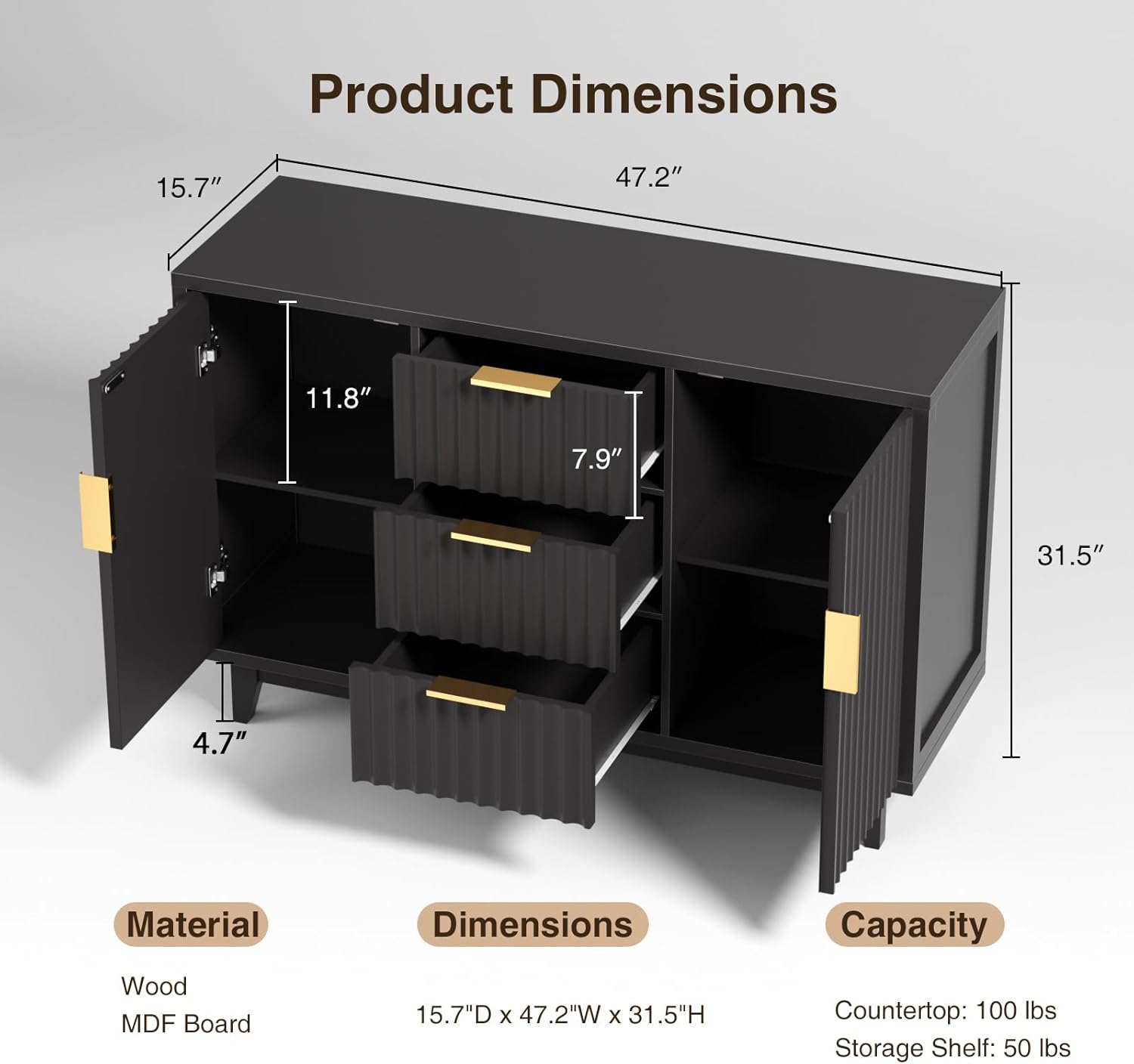 47.2 W Storage Cabinet with 3 Drawers, Fluted Buffet Cabinet with Storage, Large Sideboard with 2 Door, Modern Mid Century TV Stand Coffee Bar Cabinets for Living Room, Kitchen, Entryway