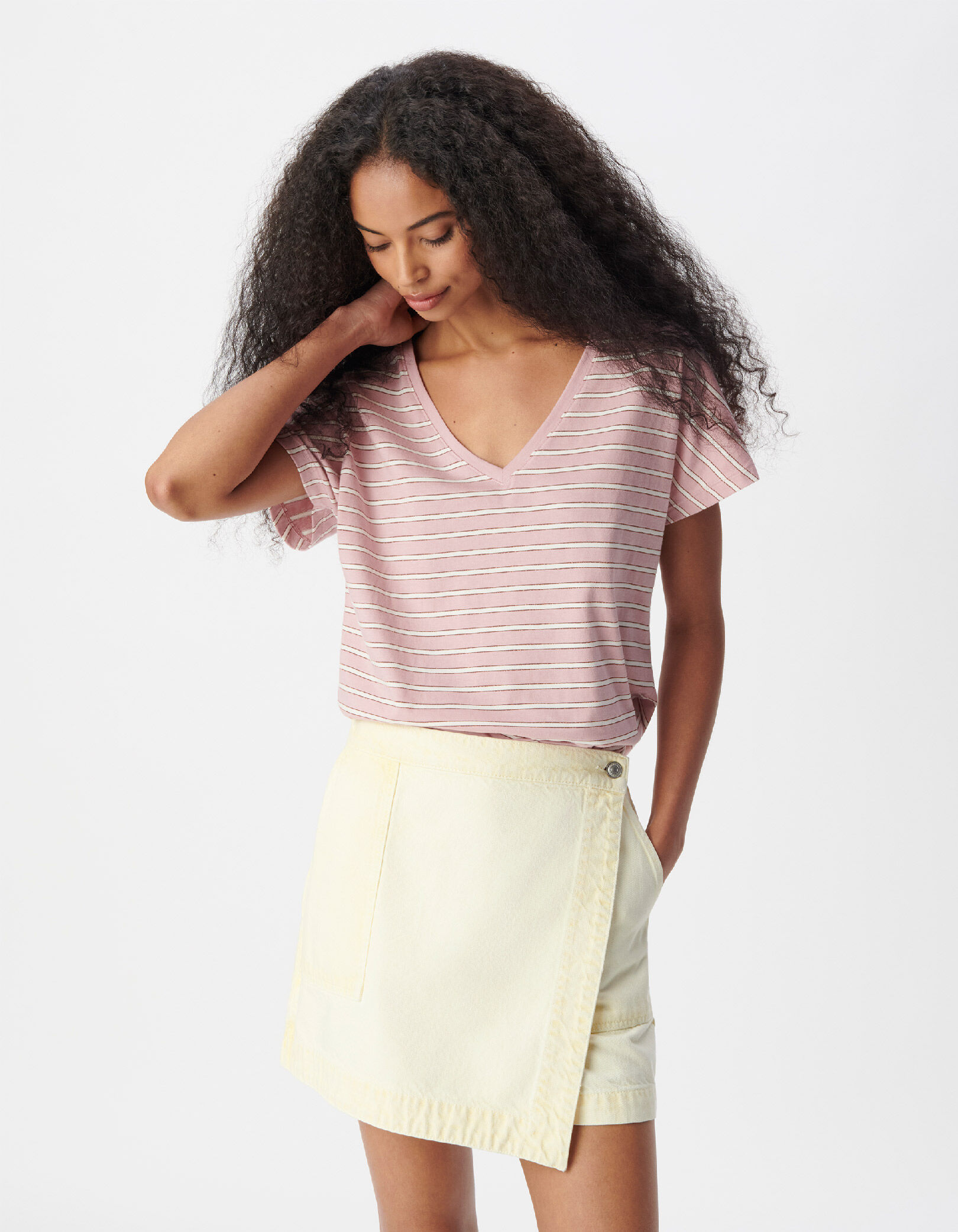 Tee-shirt rose motif rayures Femme