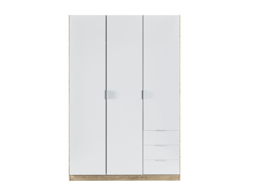 NINA - Armoire blanche / bois 3 portes et 3 tiroirs L121 x H180 cm