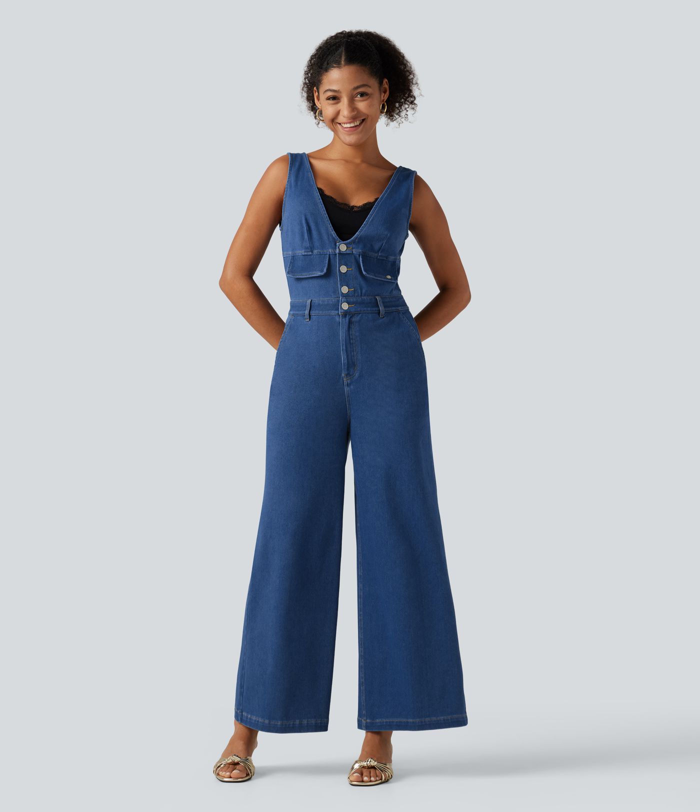 Combinaison en jean Halara Flex™ à encolure en V, coupe large avec poches
