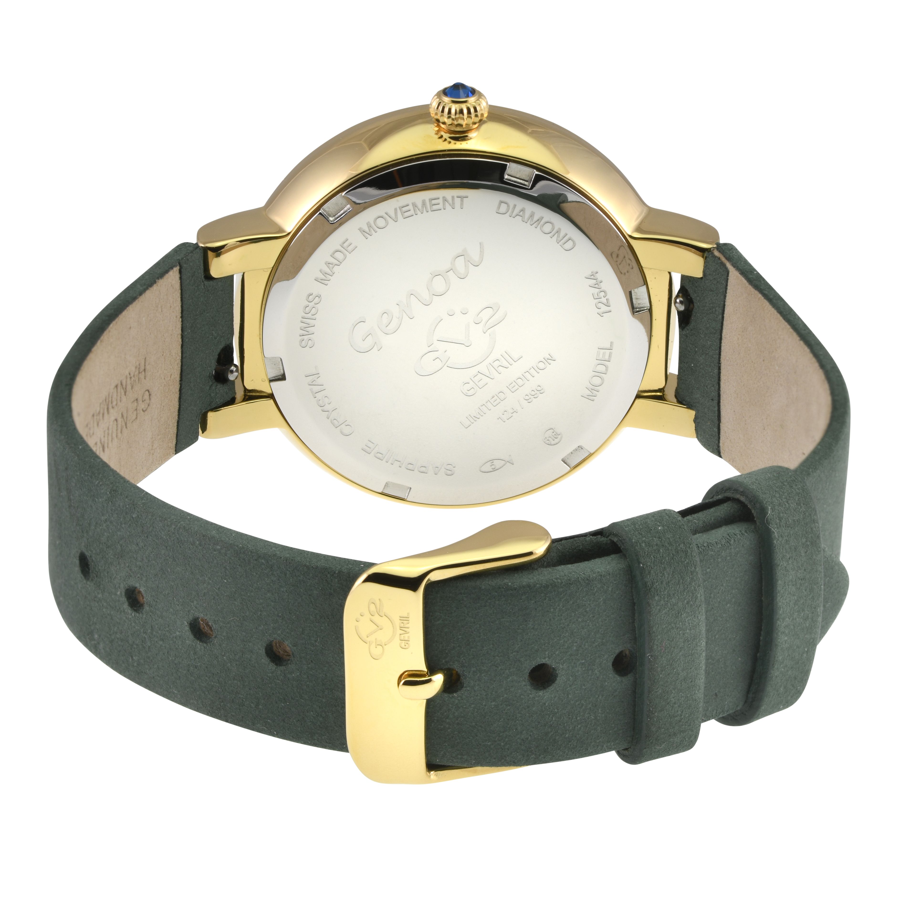 GV2 Genoa SS IP Gold Case, Green MOP Dial, Authentic Handmade Ion Green Suede Leather Strap