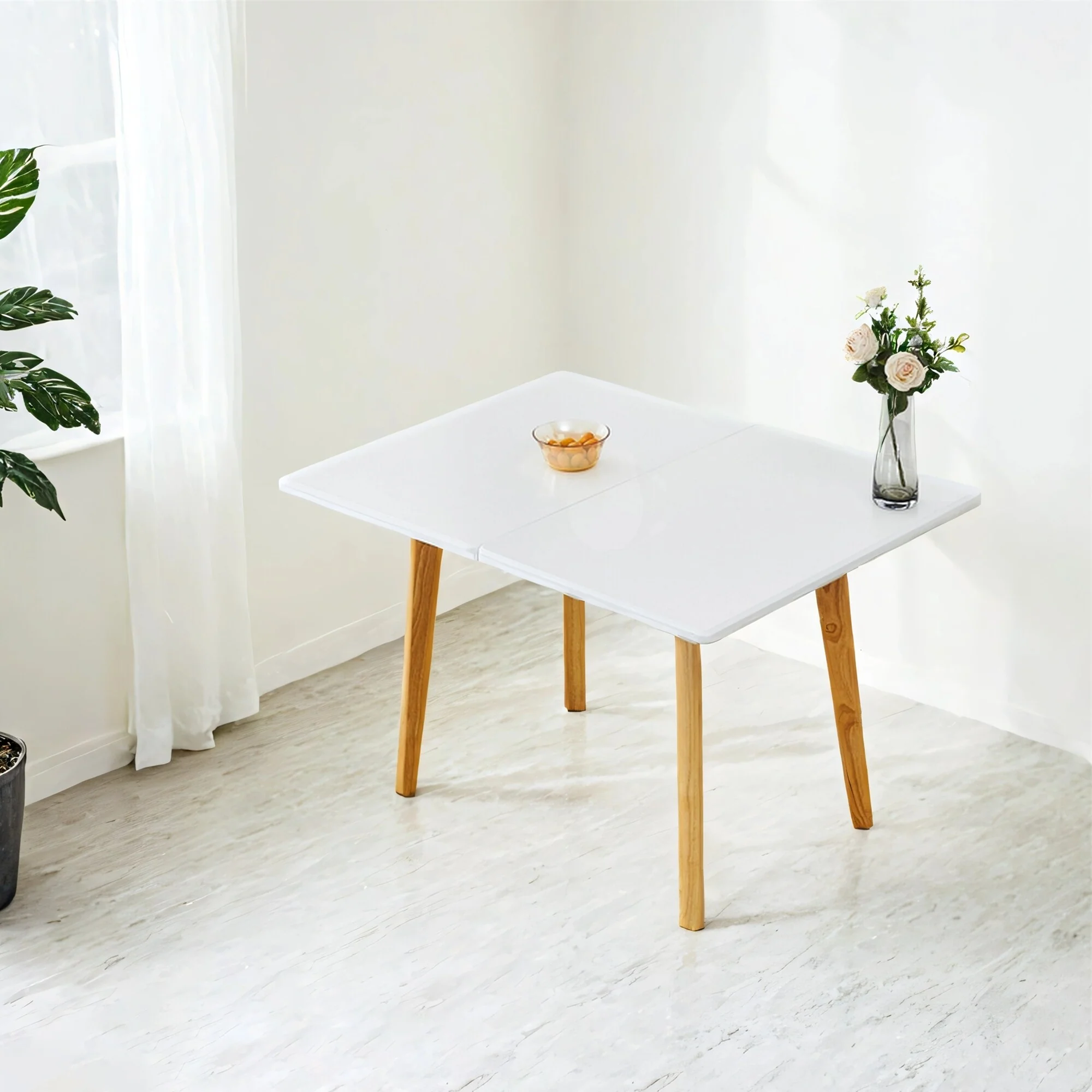 Versatile Foldable Desk,White Sintered Stone Top with Rubber Wood Legs