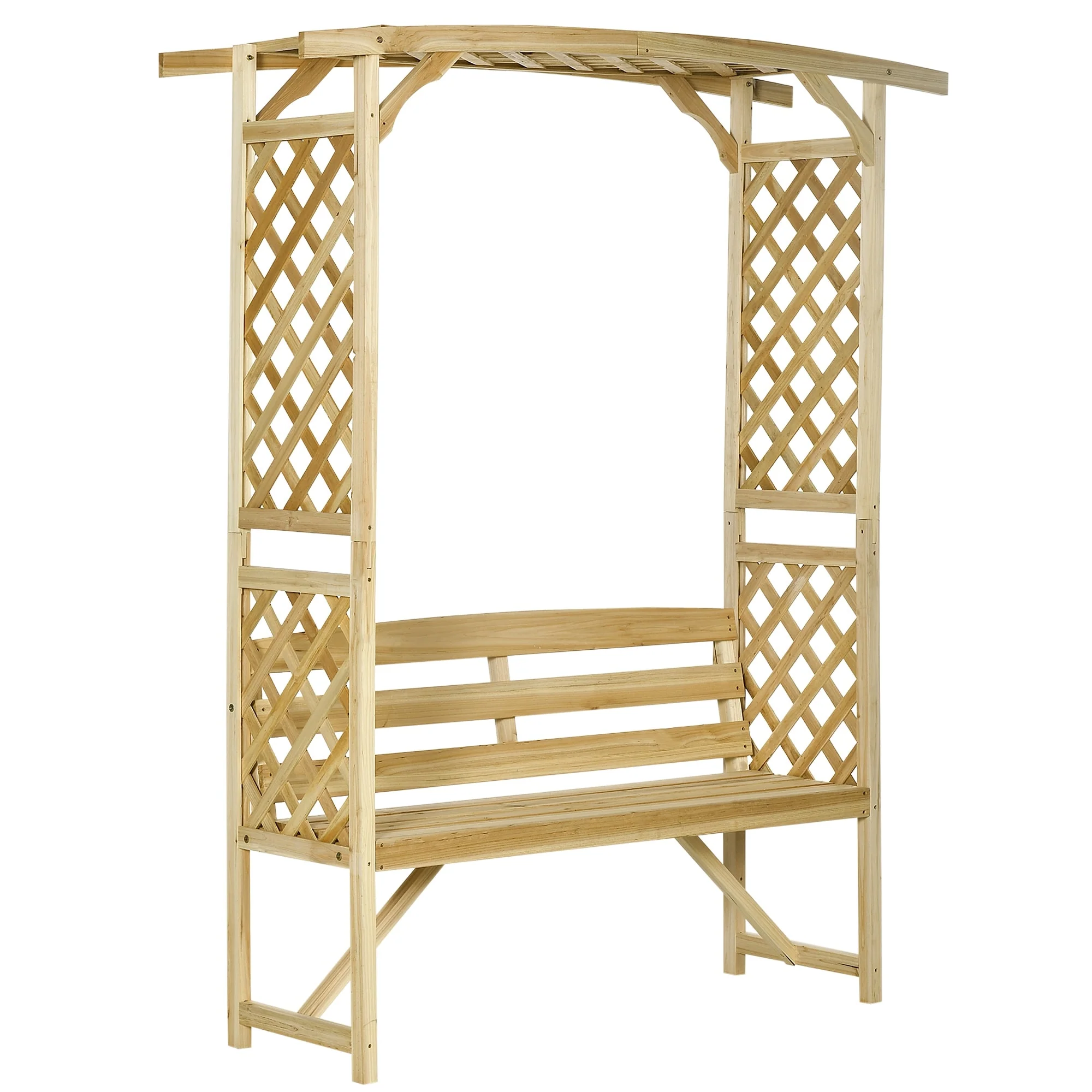 Outsunny Patio Garden Bench Arbor Arch with Pergola and 2 Trellises, 3 Seat Natural Wooden Outdoor Bench