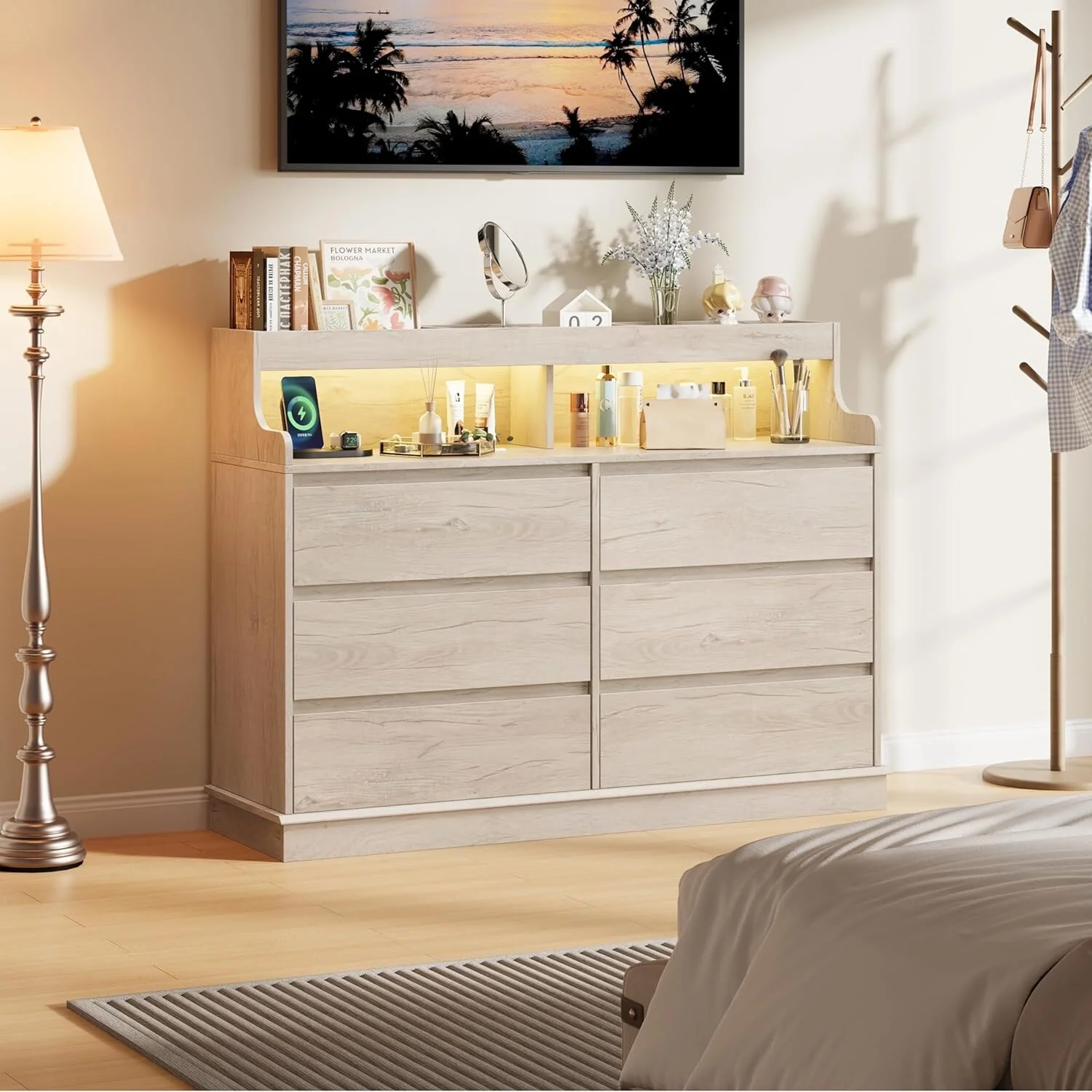 Dresser for Bedroom with 6 Drawers, Modern Chest Featuring LED Lights and Charging Station