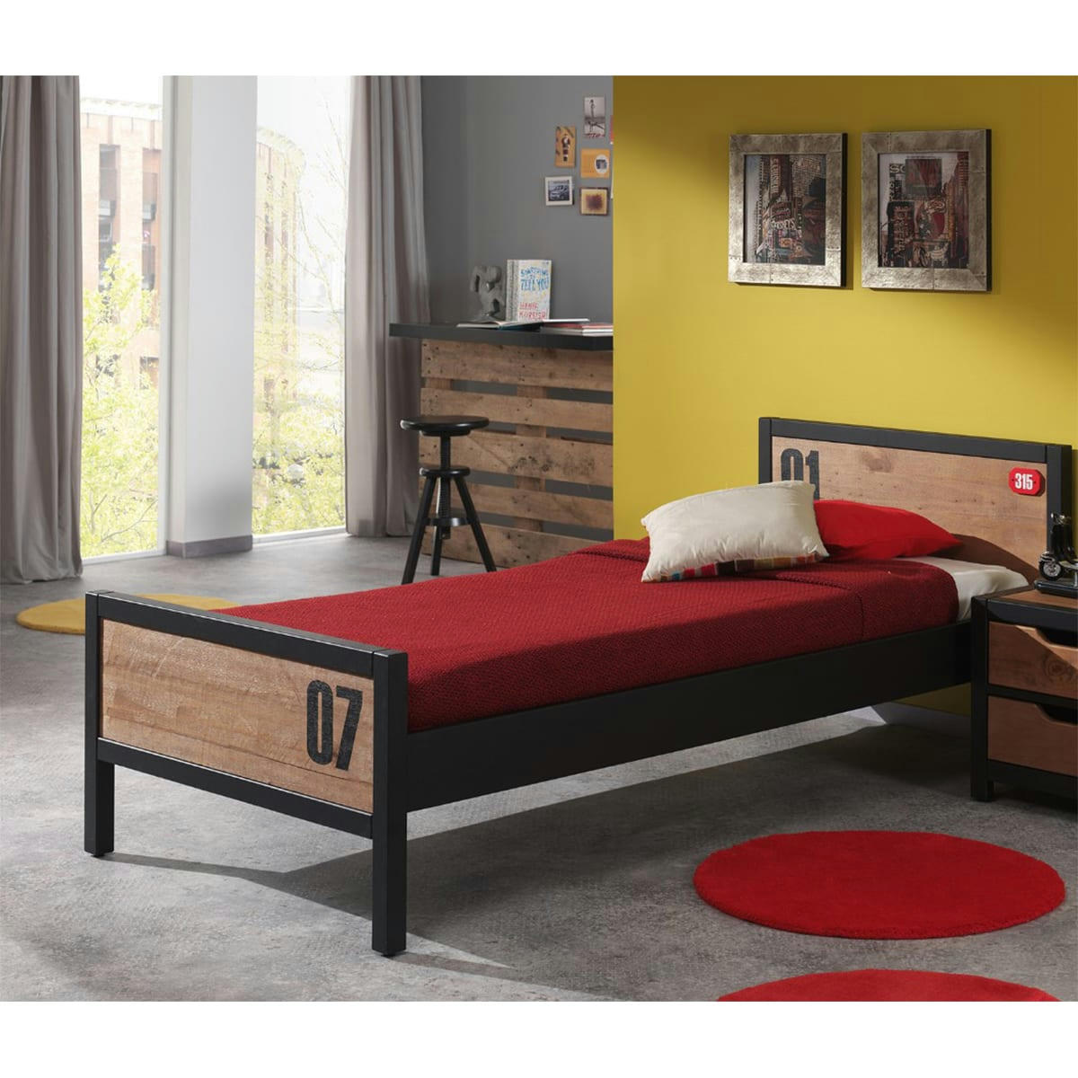 ALEX - Lit 90x200 sommier inclus noir naturel