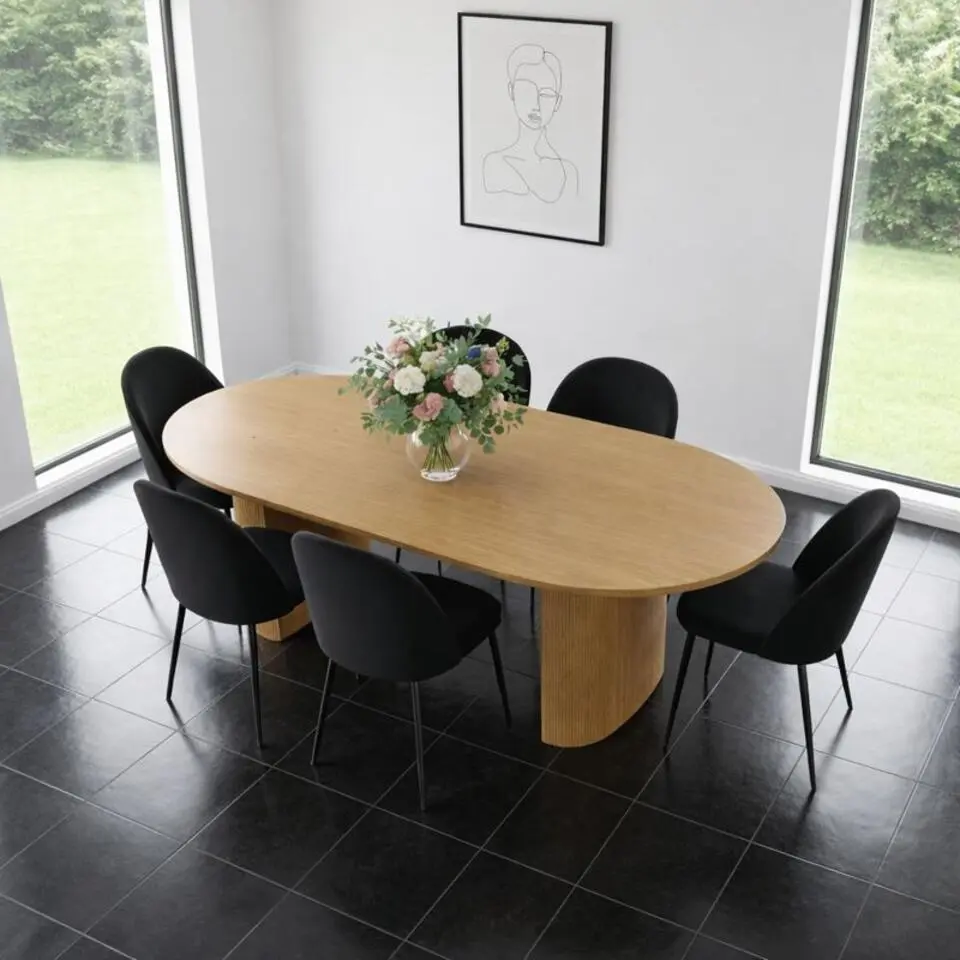 Hioshop Kyoto eethoek eettafel 100x210cm natuur- 6 stoelen velours zwart