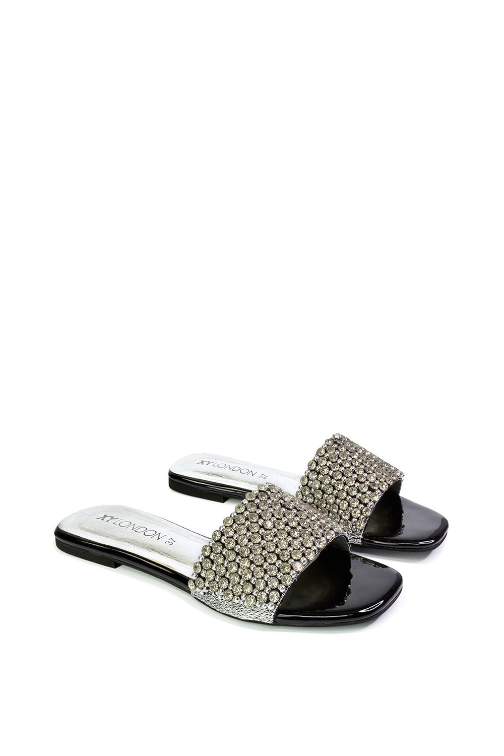 XY London Daisy Jones' Slip On Slider Diamante Flat Sandals With Square Toe