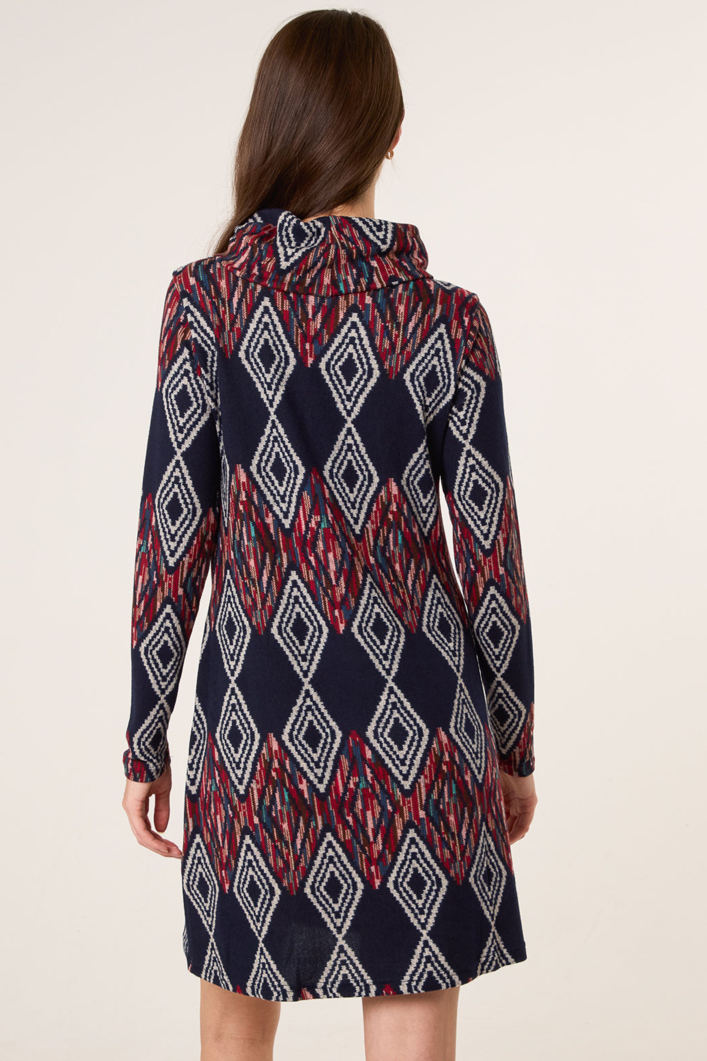 Blue Vanilla Navy Printed Draped Cowl Neck Long Sleeve Dress