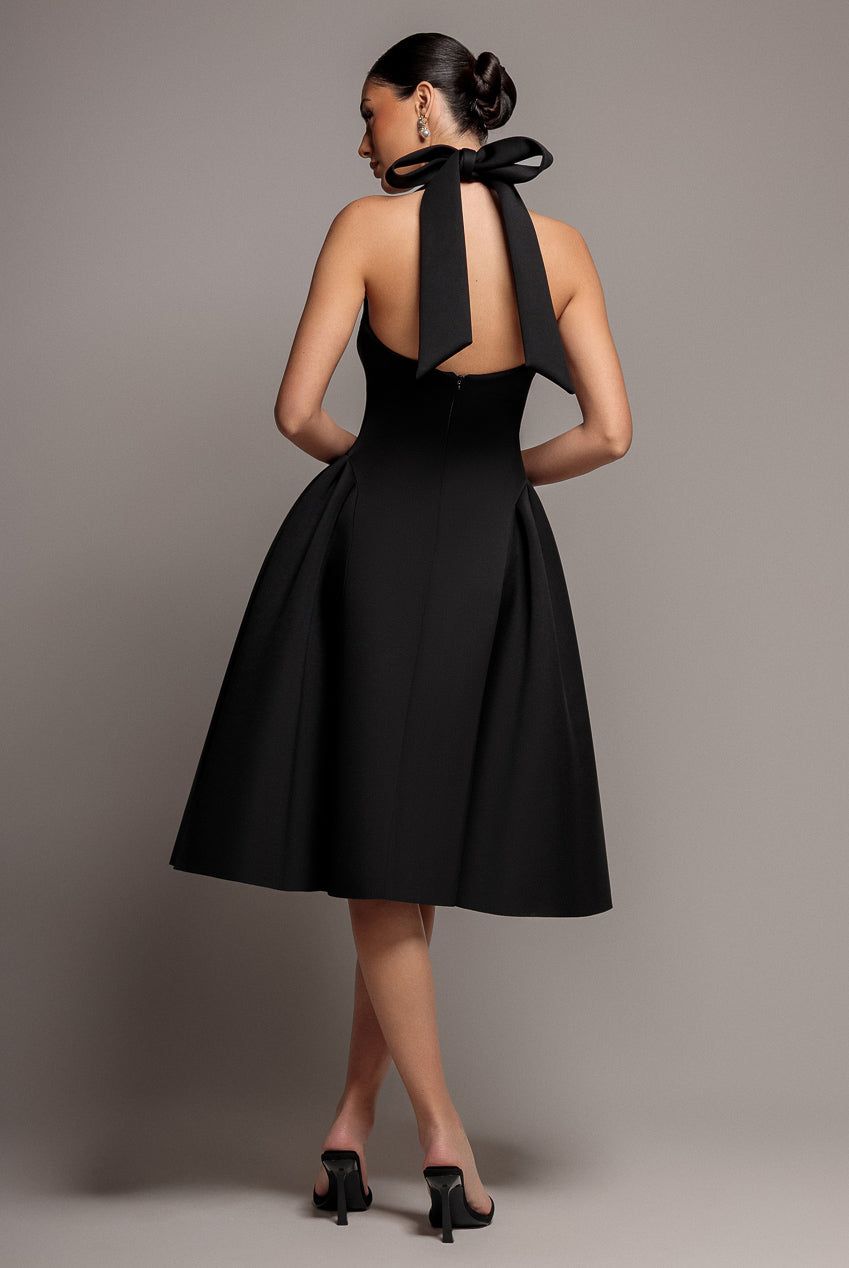 Goddiva Corset Fit And Flare Halter Neck Midi Dress