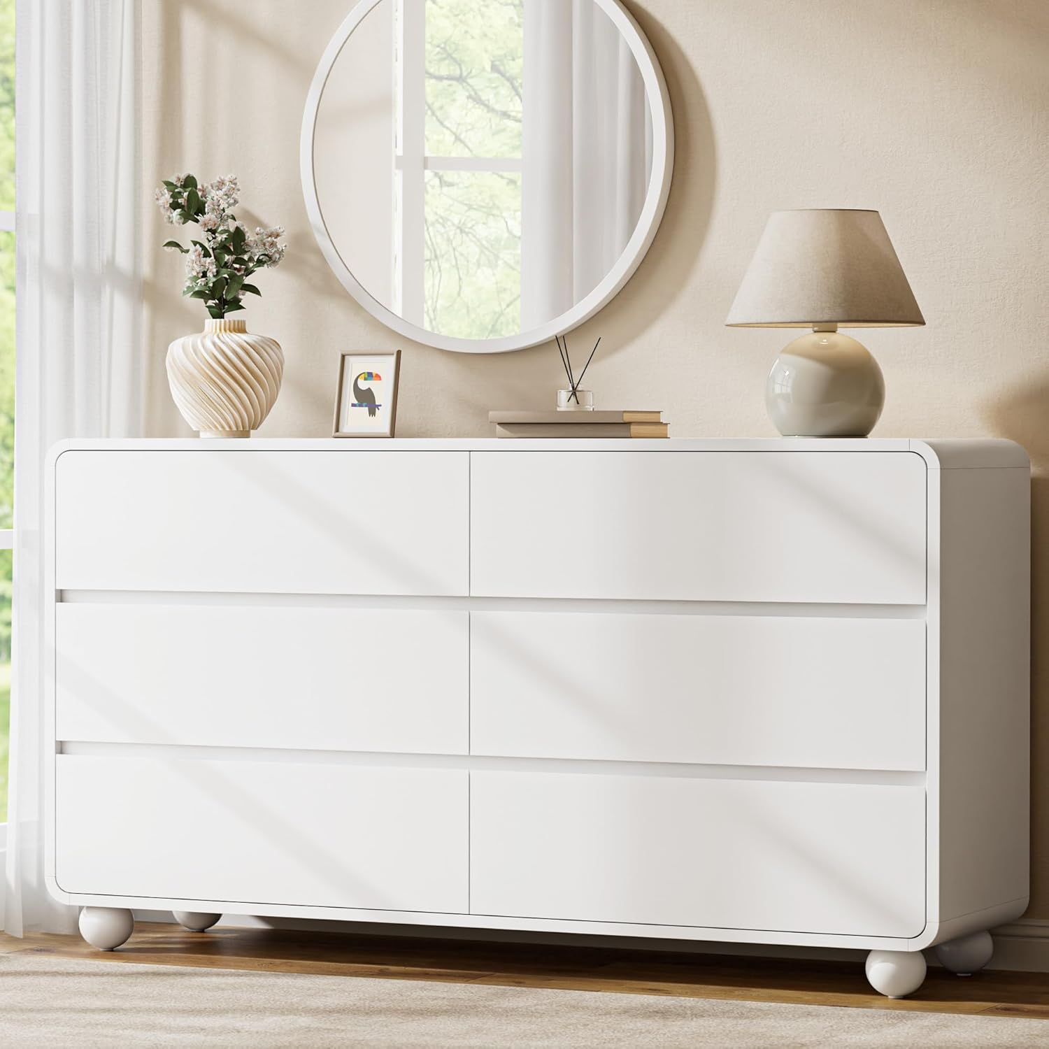 Lulive Wood Dresser for Bedroom, 53” Wide Chest of Drawers with 6 Drawers, Modern Closet Storage Drawer with Curved Profile Design for Living Room, Hallway, Entryway, White