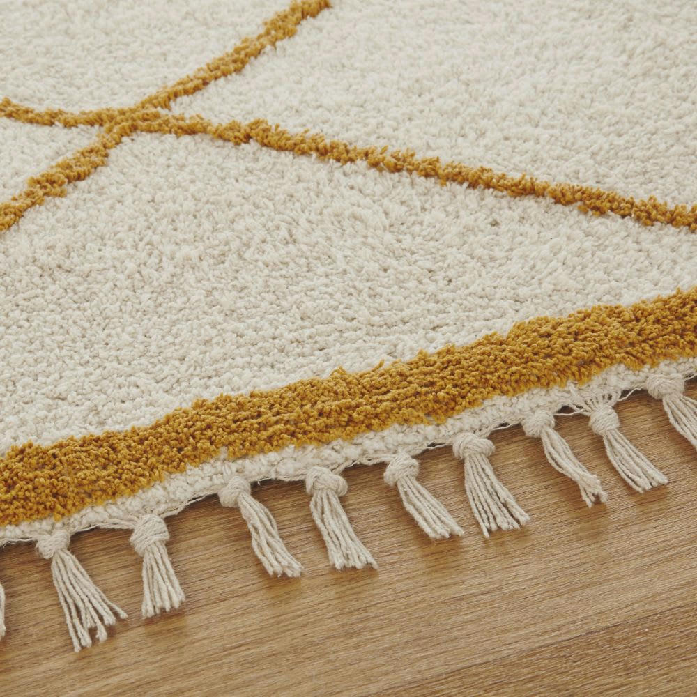 YREKA - Tapis style berbère tufté en coton recyclé écru et jaune à franges 160x230