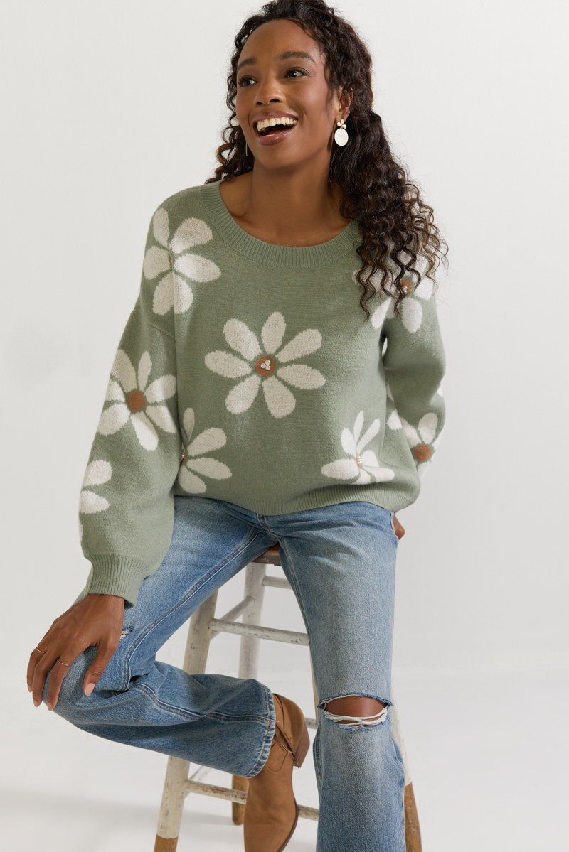 Matilda Pearl Daisy Pattern Pullover Sweater Sage Green