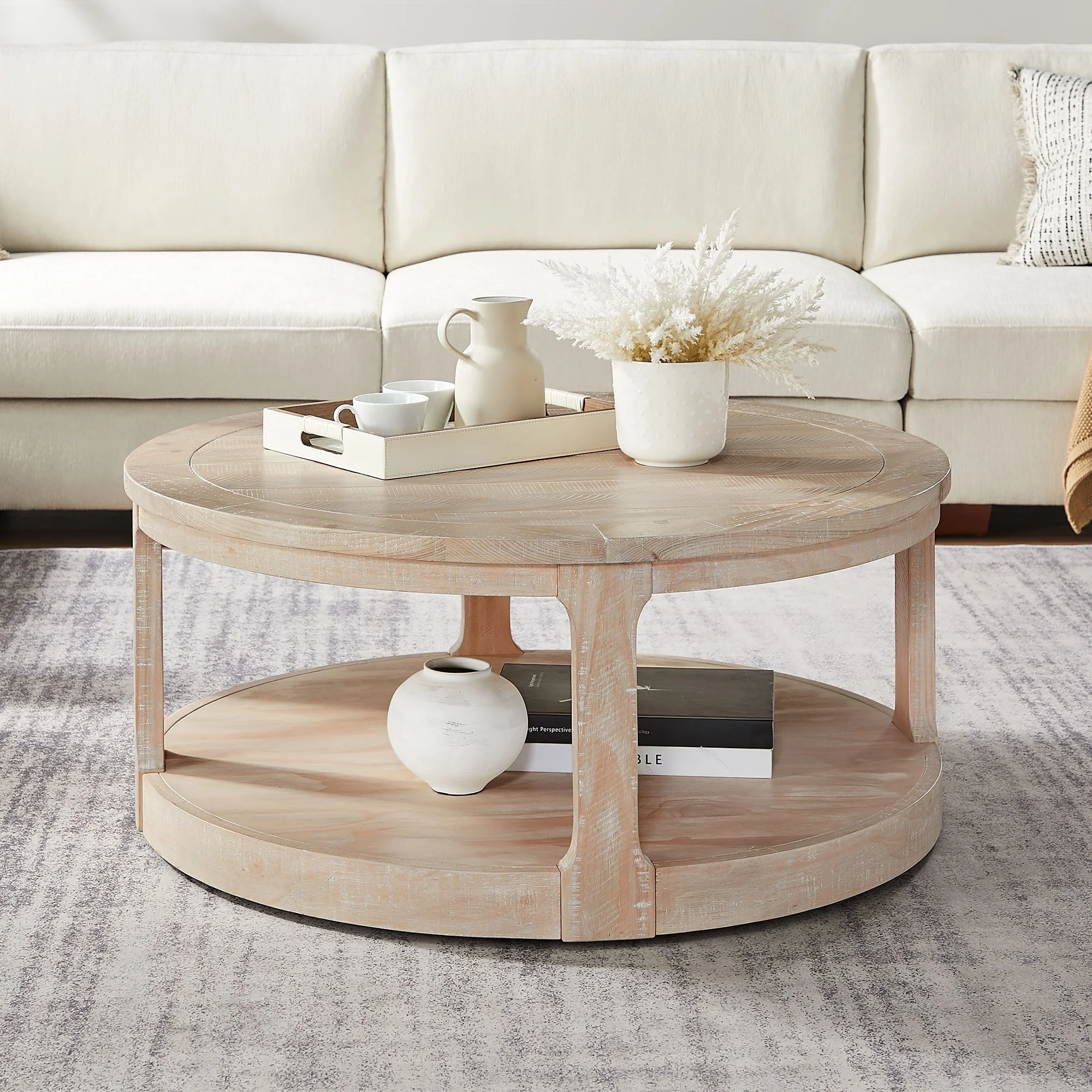40 Modern 2-Tier Round Coffee Table with Wood Grain Top and 4 Wheels at the Bottom, Suitable for Living Room, Bedroom, Office
