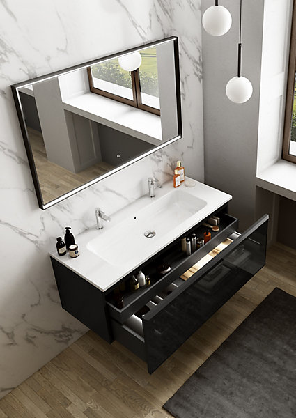 Meuble vasque suspendu noir mat et verre fumé l.120 cm   plan vasque blanc céramique pour 2 robinets, Pura