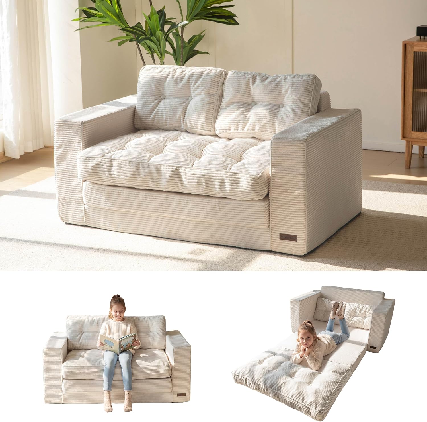 MAXYOYO Convertible Sofa Bed, Pull Out Loveseat Sleeper Sofa, 2 in 1 Folding Couch Bed, Fold Out Floor Couch with Pillows for Living Room Bedroom Lounge, Beige